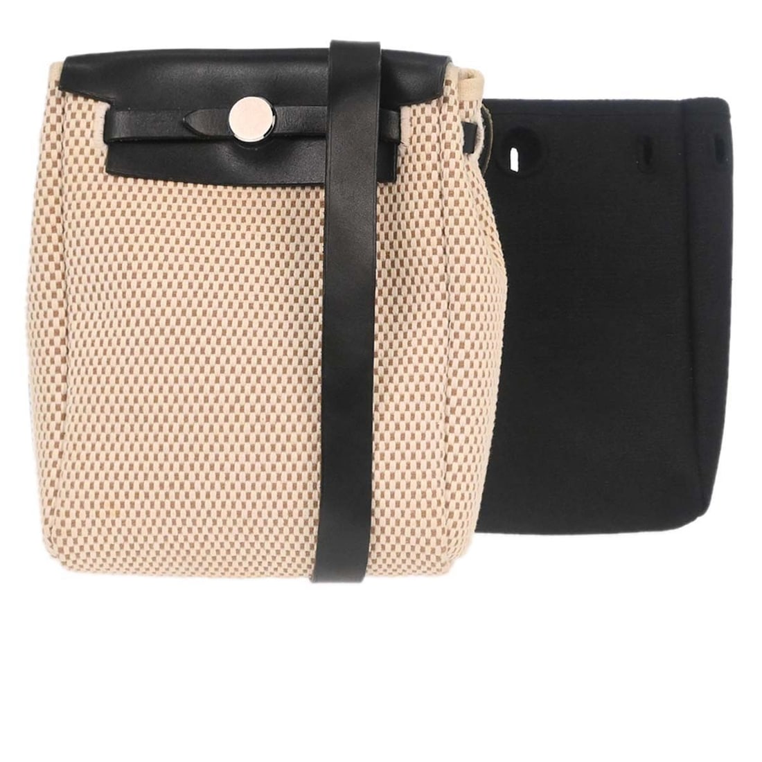 Hermes Herbag TPM Black Canvas and Leather Small Shoulder Bag with Flap: Hermes Herbag TPM Black Canvas and Leather Small Shoulder Bag with Flap The Hermes Herbag TPM 2 in 1 shoulder bag features a black canvas and leather exterior with a flap closure and a detachable cros