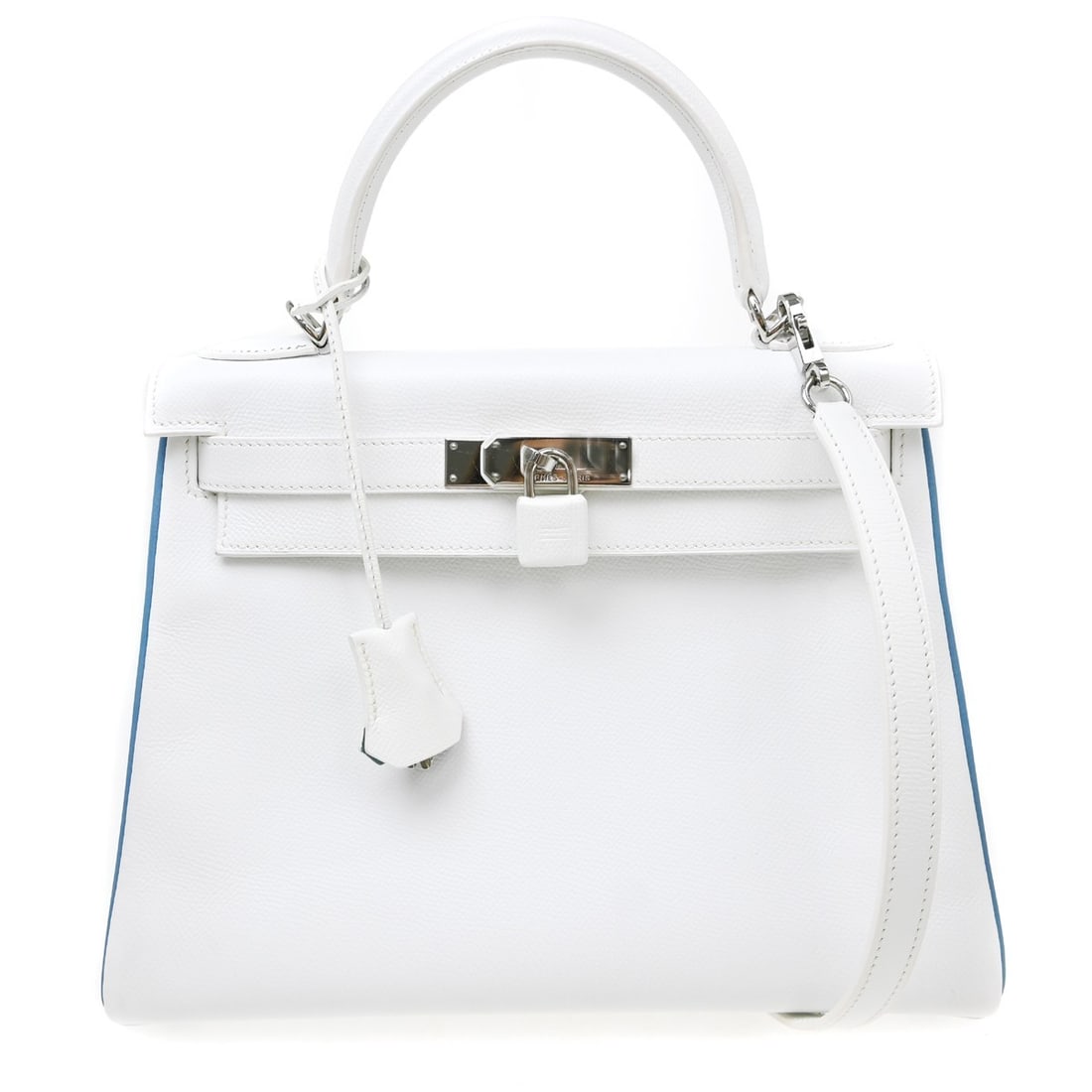 Hermes Kelly 35 White Epsom Turn Lock Gold Tone Handbag: Hermes Kelly 35 White Epsom Turn Lock Gold Tone Handbag This Hermes Kelly 35 Retourne 2-way handbag is crafted from white Epsom leather and features gold-tone hardware. The medium-sized bag offers bot