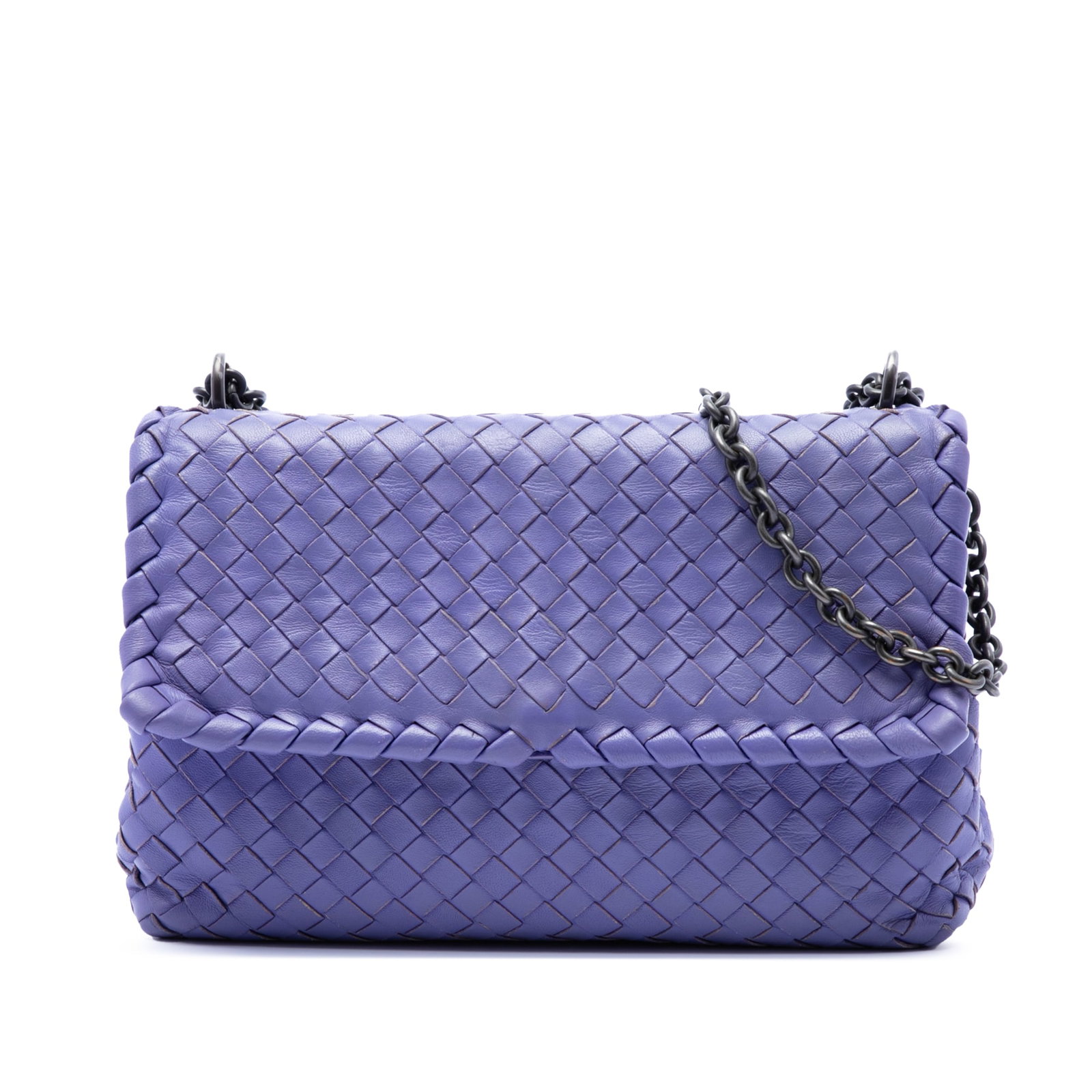Bottega Veneta Olimpia purple leather crossbody bag: Bottega Veneta Olimpia purple leather crossbody bag This Bottega Veneta Small Nappa Intrecciato Olimpia Crossbody features the brand's signature woven leather design in a purple hue. The bag is equipp