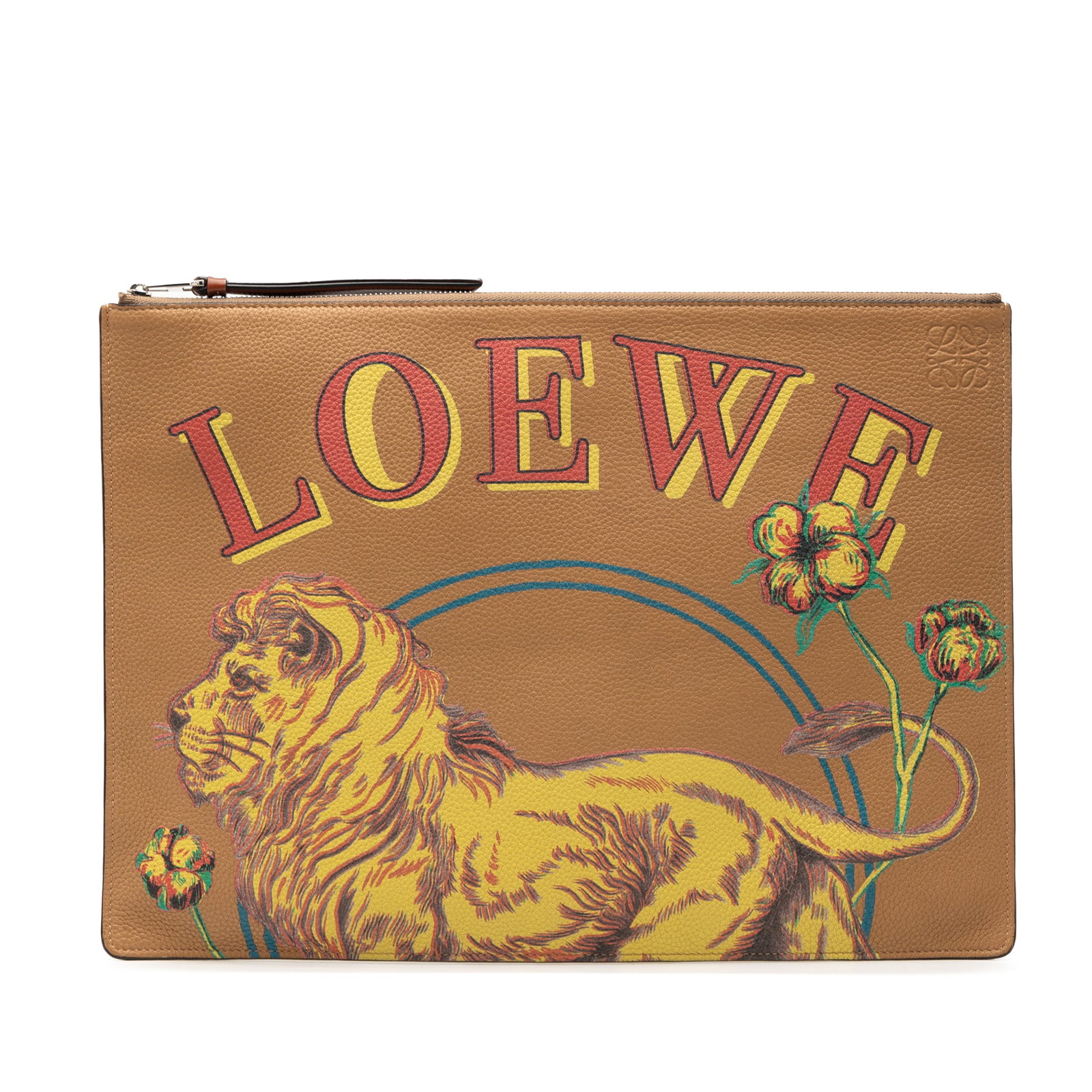 LOEWE leather Paulas Ibiza clutch with lion floral print: LOEWE leather Paulas Ibiza clutch with lion floral print This LOEWE Paula's Ibiza clutch features a distinctive lion and floral print on its leather body. The bag is designed with a top zip closure an