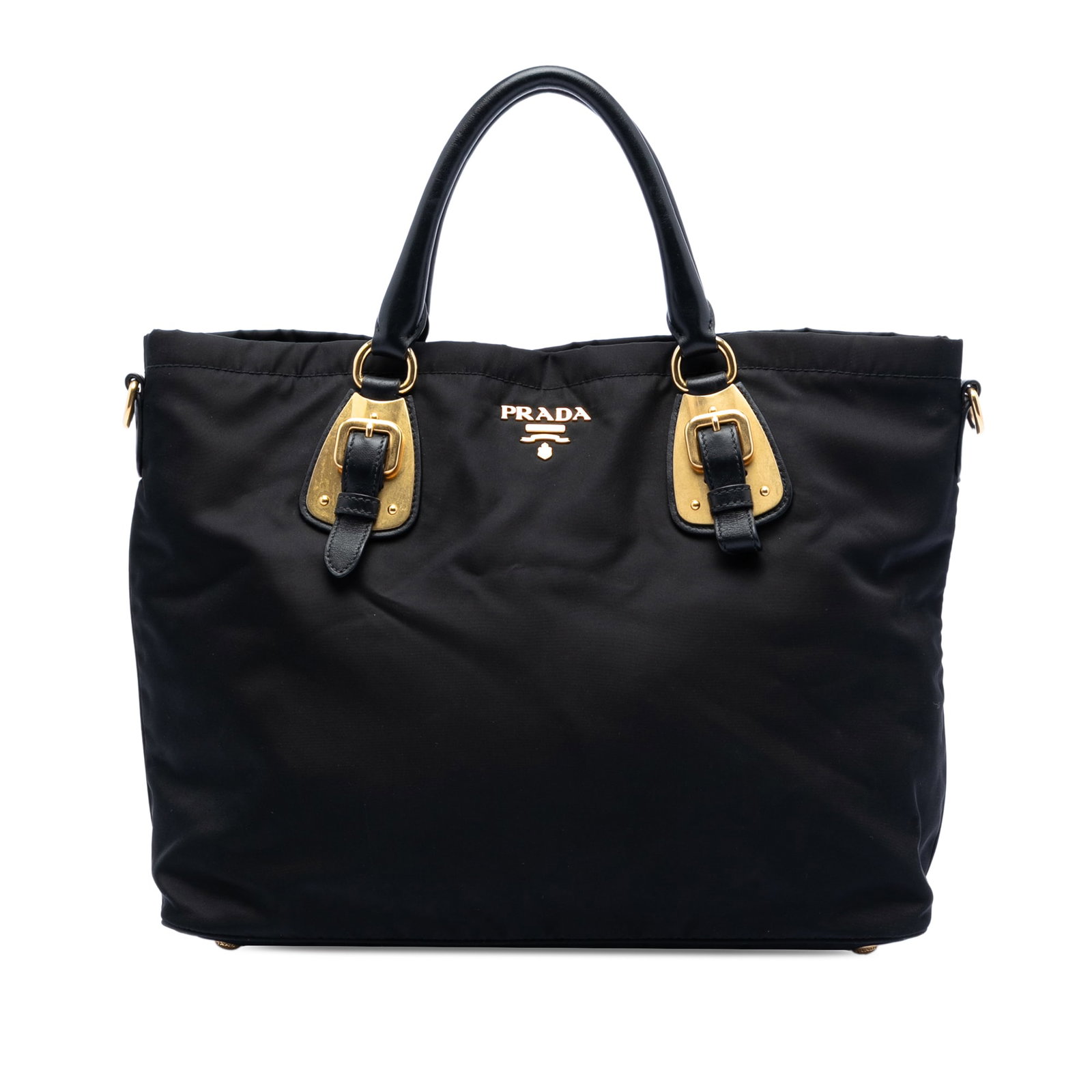 Prada Tessuto Black Nylon Satchel with Leather Handles: Prada Tessuto Black Nylon Satchel with Leather Handles This Prada Tessuto Satchel features a black nylon body with rolled leather handles and an open top secured by a magnetic closure. The interior of