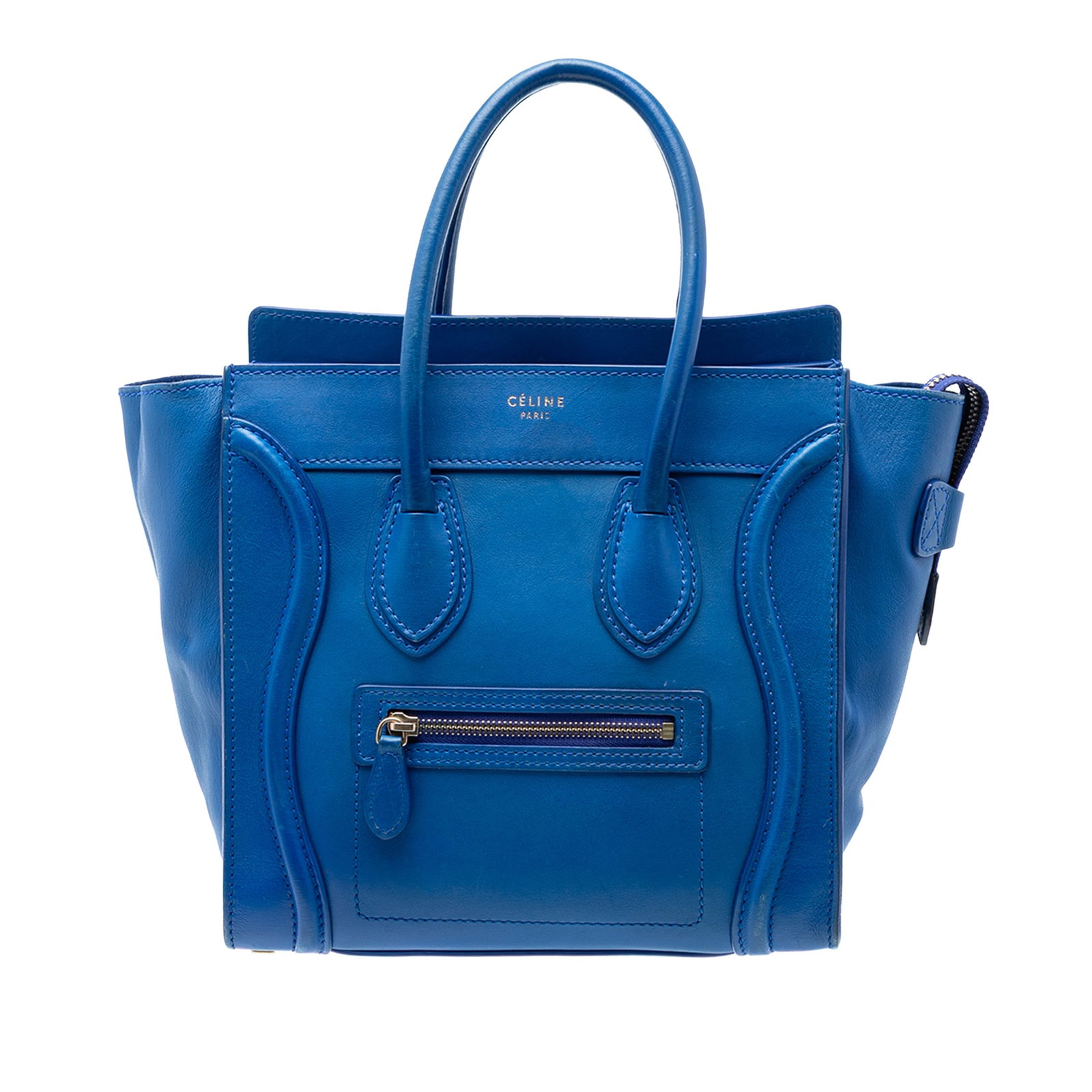 Celine Blue Micro Luggage Tote Leather Bag: Celine Blue Micro Luggage Tote Leather Bag This Celine Micro Smooth Calfskin Luggage Tote features a blue leather body with rolled leather handles, a top zip closure, and an exterior front zip pocket.