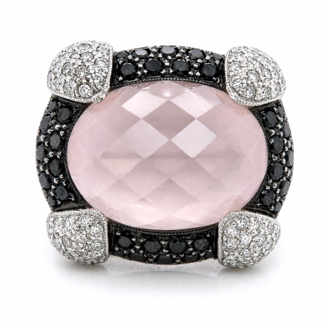 Rose Quartz and Black Diamond Ring in 18K White Gold Size 7.25: Rose Quartz and Black Diamond Ring in 18K White Gold Size 7.25 This elegant ring features an 18K white gold setting adorned with a striking 18 x 13 mm rose quartz as the centerpiece. The ring is furth