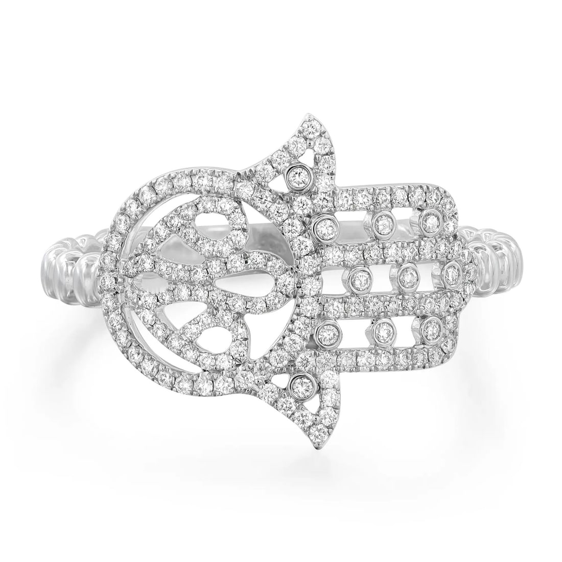 Messika Faith 0.24ct Diamond Band Ring 18K White Gold Hamsa Design: Messika Faith 0.24ct Diamond Band Ring 18K White Gold Hamsa Design This exquisite Messika Faith diamond ring is a stunning piece crafted from 18K white gold, featuring a unique Hamsa design set with p