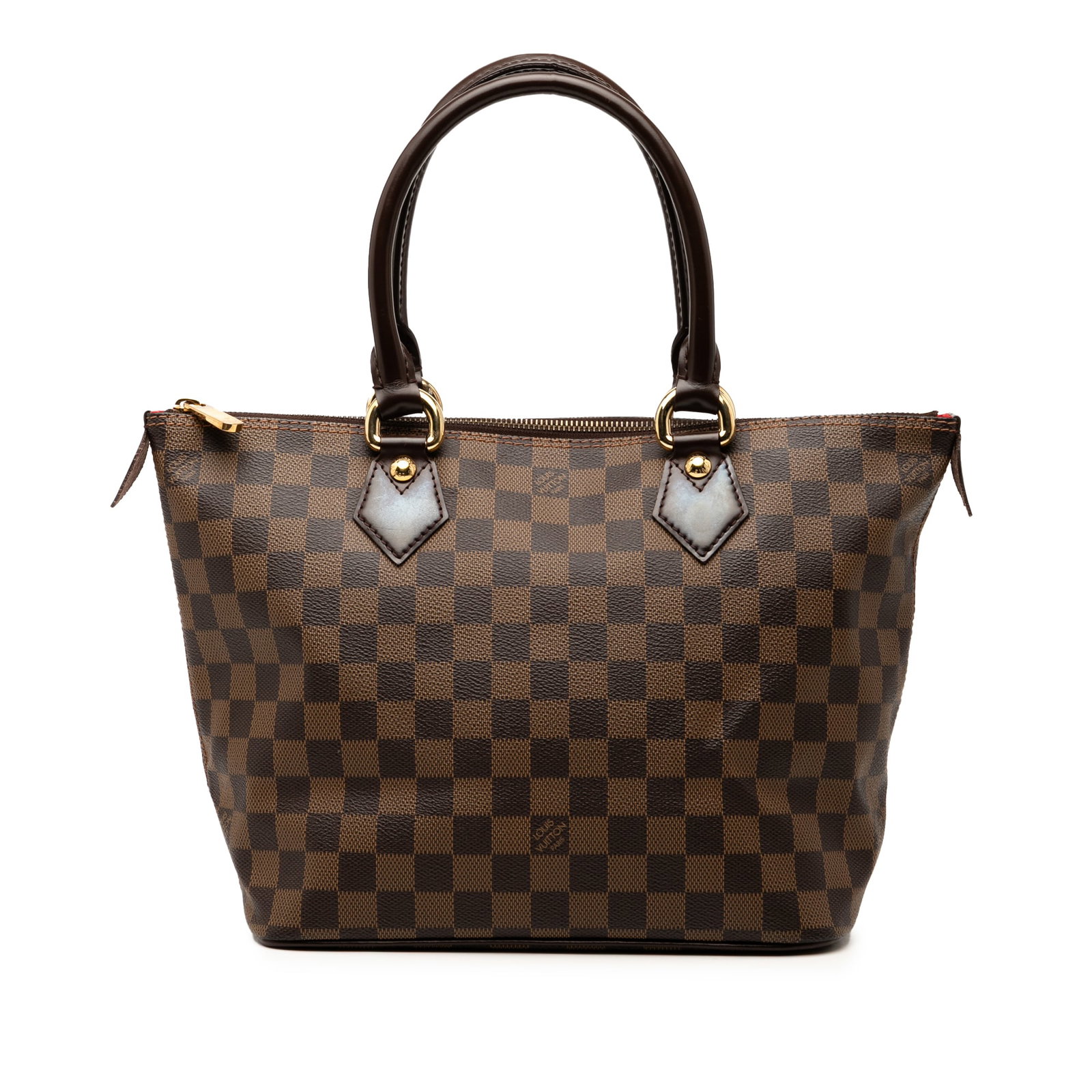 Louis Vuitton Saleya PM Tote in Damier Ebene Canvas with Leather Trim: Louis Vuitton Saleya PM Tote in Damier Ebene Canvas with Leather Trim This Louis Vuitton Saleya PM features the signature Damier Ebene canvas with leather trim and rolled leather handles. The bag is d