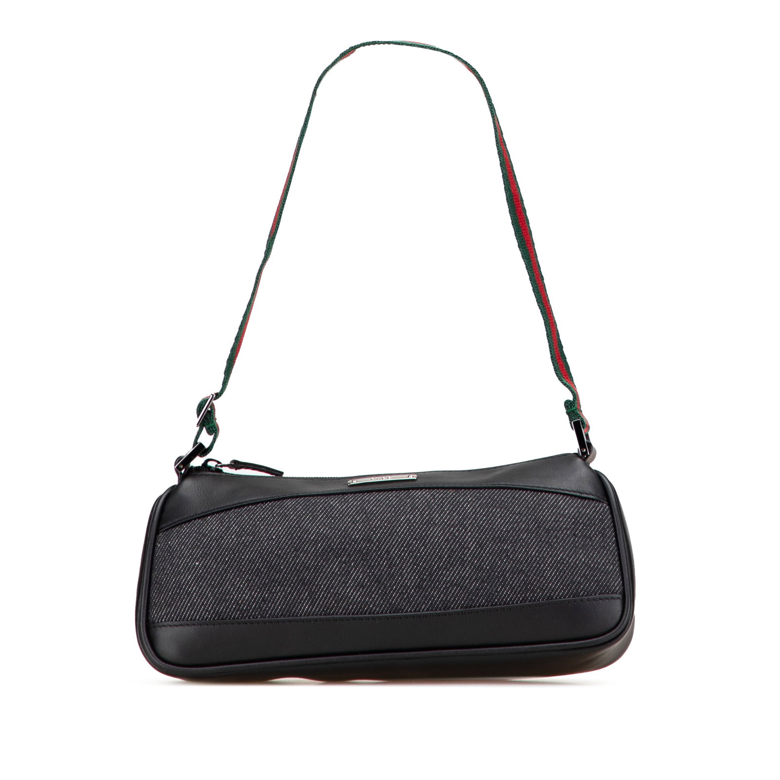 Gucci Denim Web Shoulder Bag Black Fabric Italy: Gucci Denim Web Shoulder Bag Black Fabric Italy This Gucci Denim Web Shoulder Bag is a stylish accessory, crafted with a durable denim body complemented by elegant leather trim. It features an adjusta