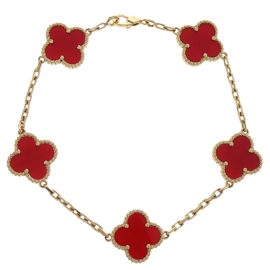 Van Cleef Arpels Alhambra Carnelian Five Motif Yellow Gold Bracelet: Van Cleef Arpels Alhambra Carnelian Five Motif Yellow Gold Bracelet This Van Cleef & Arpels Alhambra 5P bracelet features five carnelian stones set in a classic chain style. Crafted from Au750 yellow 