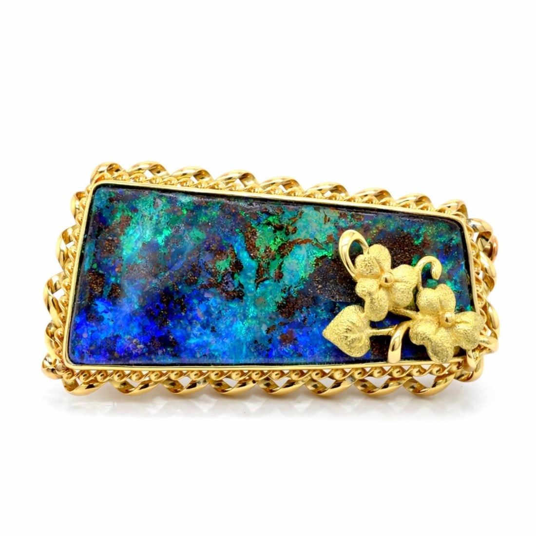 Black Opal 18K Yellow Gold Convertible Pendant and Brooch 2 Inch 25 Ct: Black Opal 18K Yellow Gold Convertible Pendant and Brooch 2 Inch 25 Ct This is a pre-owned pendant and brooch crafted from 18K yellow gold, featuring an approximately 25.00 carat black opal. The piece
