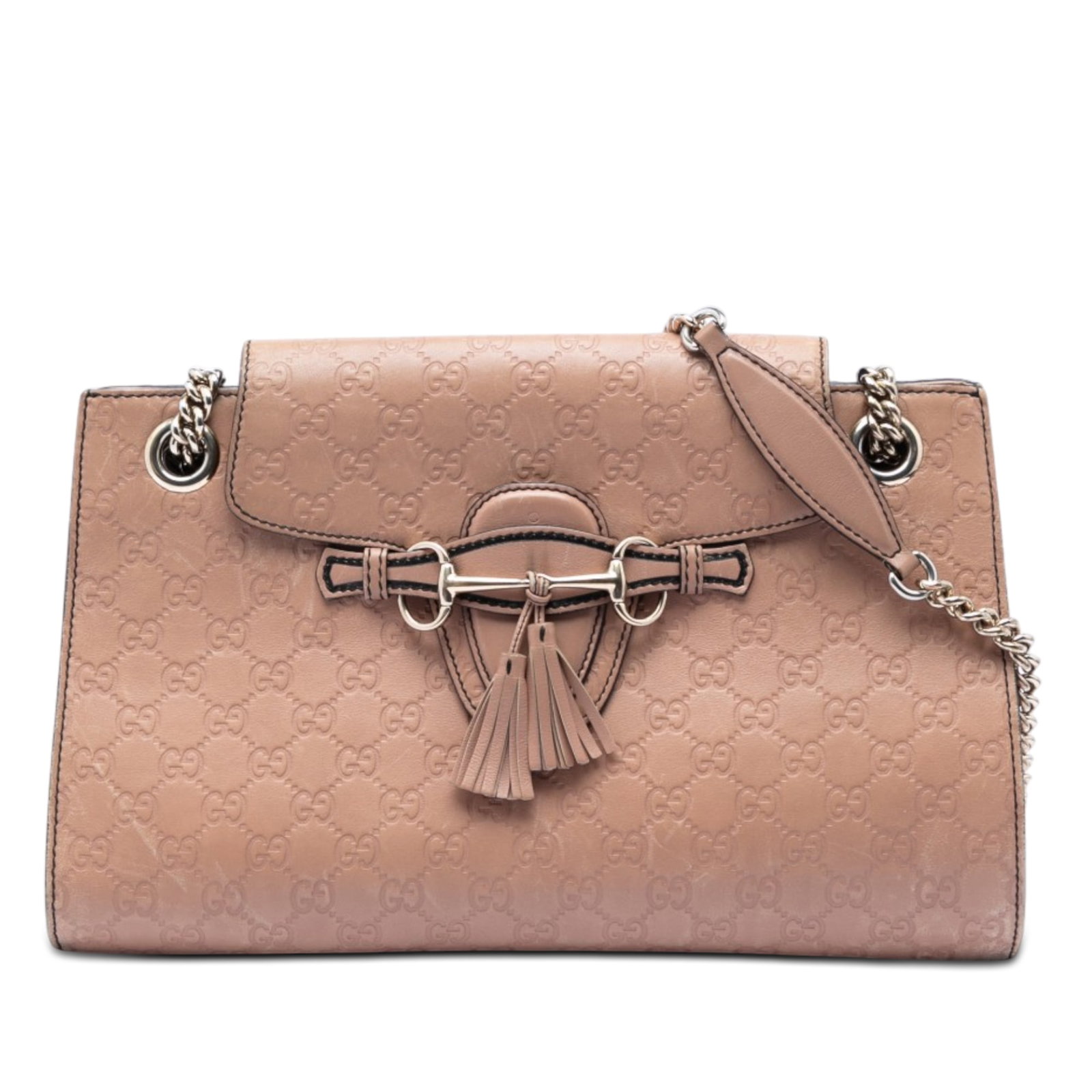 Gucci Emily brown leather shoulder bag Large Guccissima: Gucci Emily brown leather shoulder bag Large Guccissima This Gucci Large Guccissima Emily Shoulder Bag features an embossed leather body in brown, chain straps with a flat leather shoulder guard, a fr
