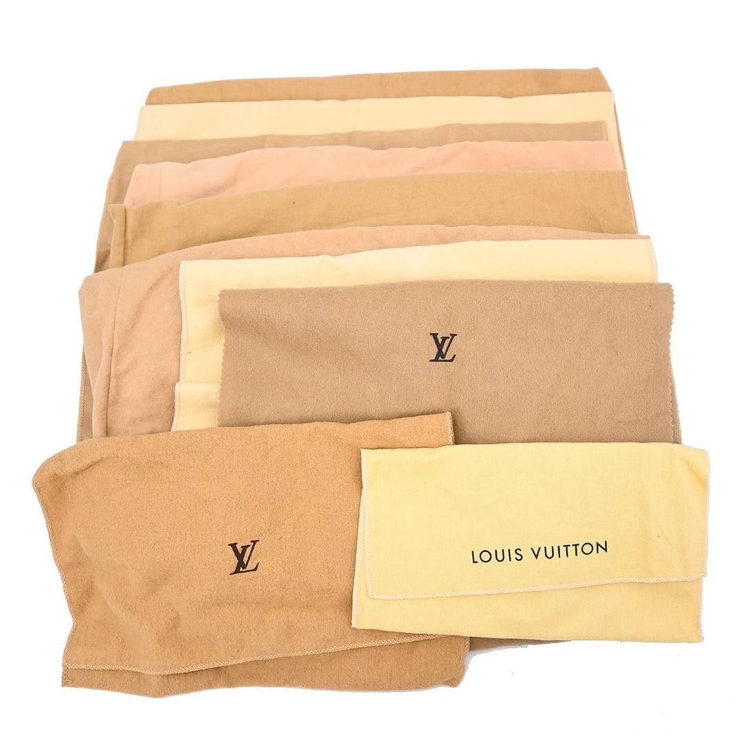 Set of 10 Louis Vuitton Brown Beige Cotton Dustbags: Set of 10 Louis Vuitton Brown Beige Cotton Dustbags This set includes ten Louis Vuitton dust bags made from 100% cotton in brown and beige tones. Designed for unisex use, these dust bags provide a pra
