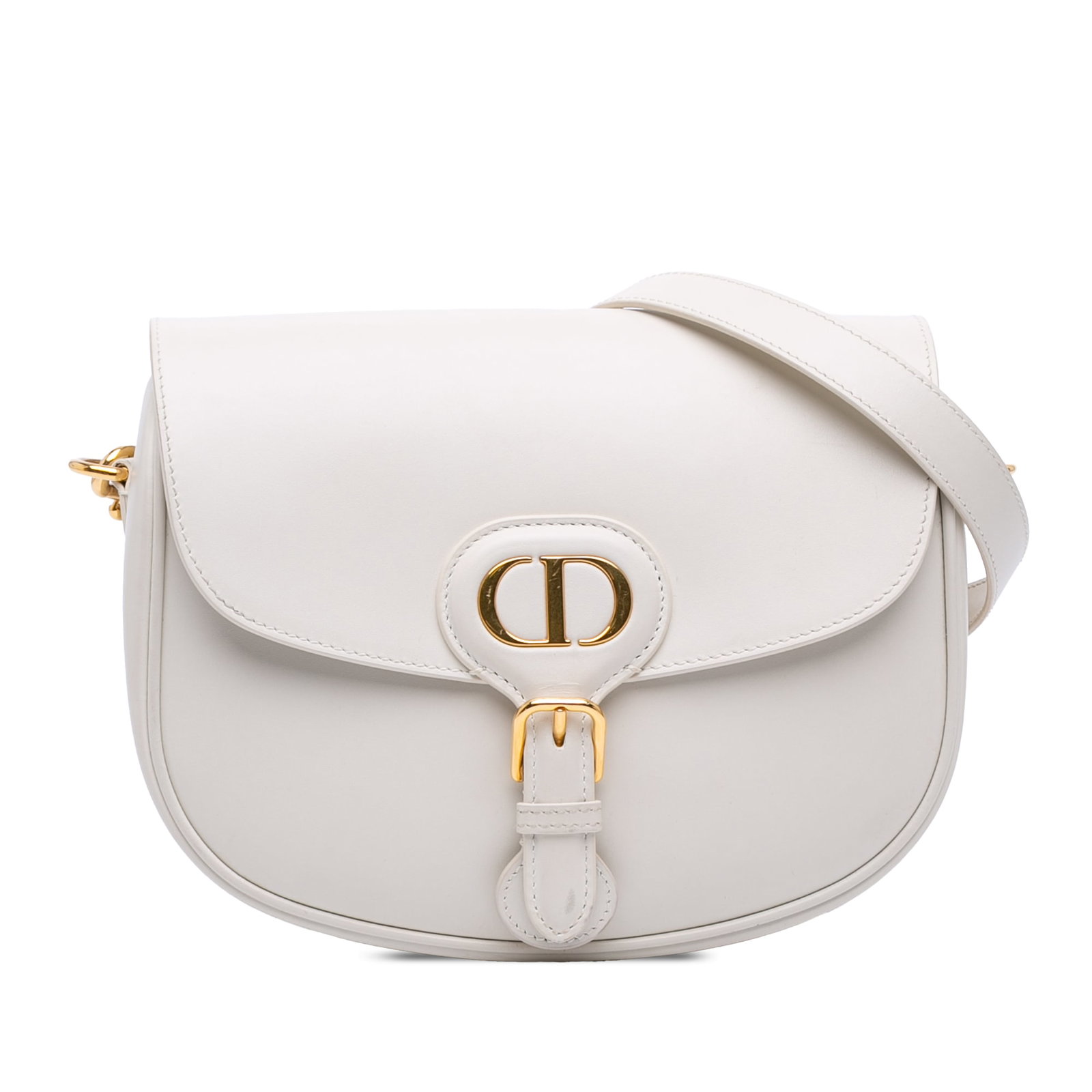 Dior Bobby Medium White Leather Crossbody Bag with Adjustable Strap: Dior Bobby Medium White Leather Crossbody Bag with Adjustable Strap This Dior Medium Leather Bobby Crossbody bag features a white leather body with a front flap, buckle detail, and magnetic snap closu