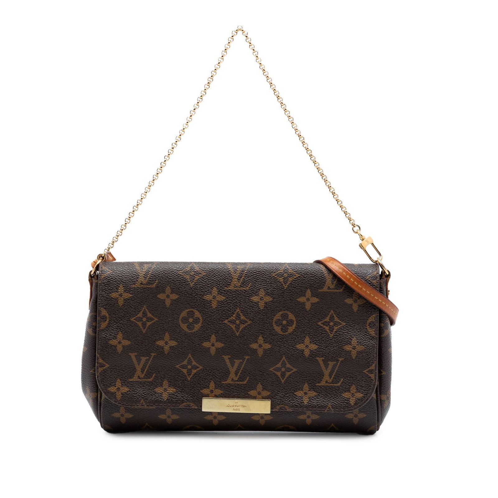 Louis Vuitton Favorite MM Monogram Canvas Chain Strap Bag: Louis Vuitton Favorite MM Monogram Canvas Chain Strap Bag This Louis Vuitton Monogram Favorite MM bag features the iconic monogram canvas body, complemented by a chain link strap and a detachable flat