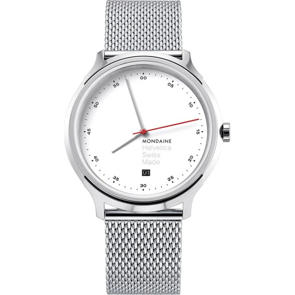 Mondaine Helvetica 40mm Limited Edition Steel Watch Gray Dial MH1.R2211.SM: Mondaine Helvetica 40mm Limited Edition Steel Watch Gray Dial MH1.R2211.SM This Mondaine Helvetica wristwatch features a striking 40mm round case crafted from polished stainless steel, complemented by