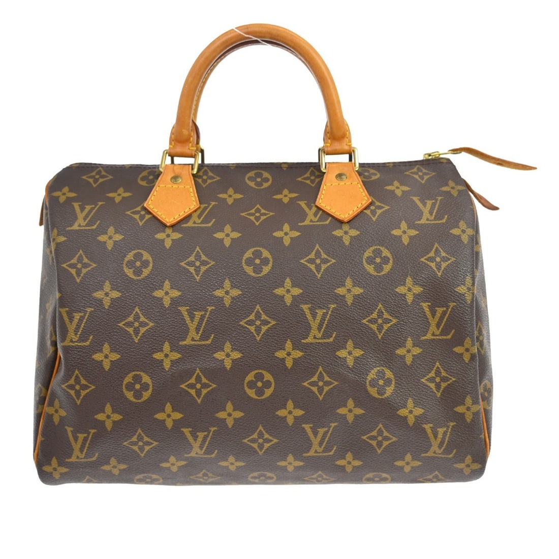 Louis Vuitton Speedy 30 Monogram Canvas Top Handle Satchel: Louis Vuitton Speedy 30 Monogram Canvas Top Handle Satchel This Louis Vuitton Speedy 30 handbag features the iconic monogram canvas with beige leather double handles, a zip closure, and brown canvas l