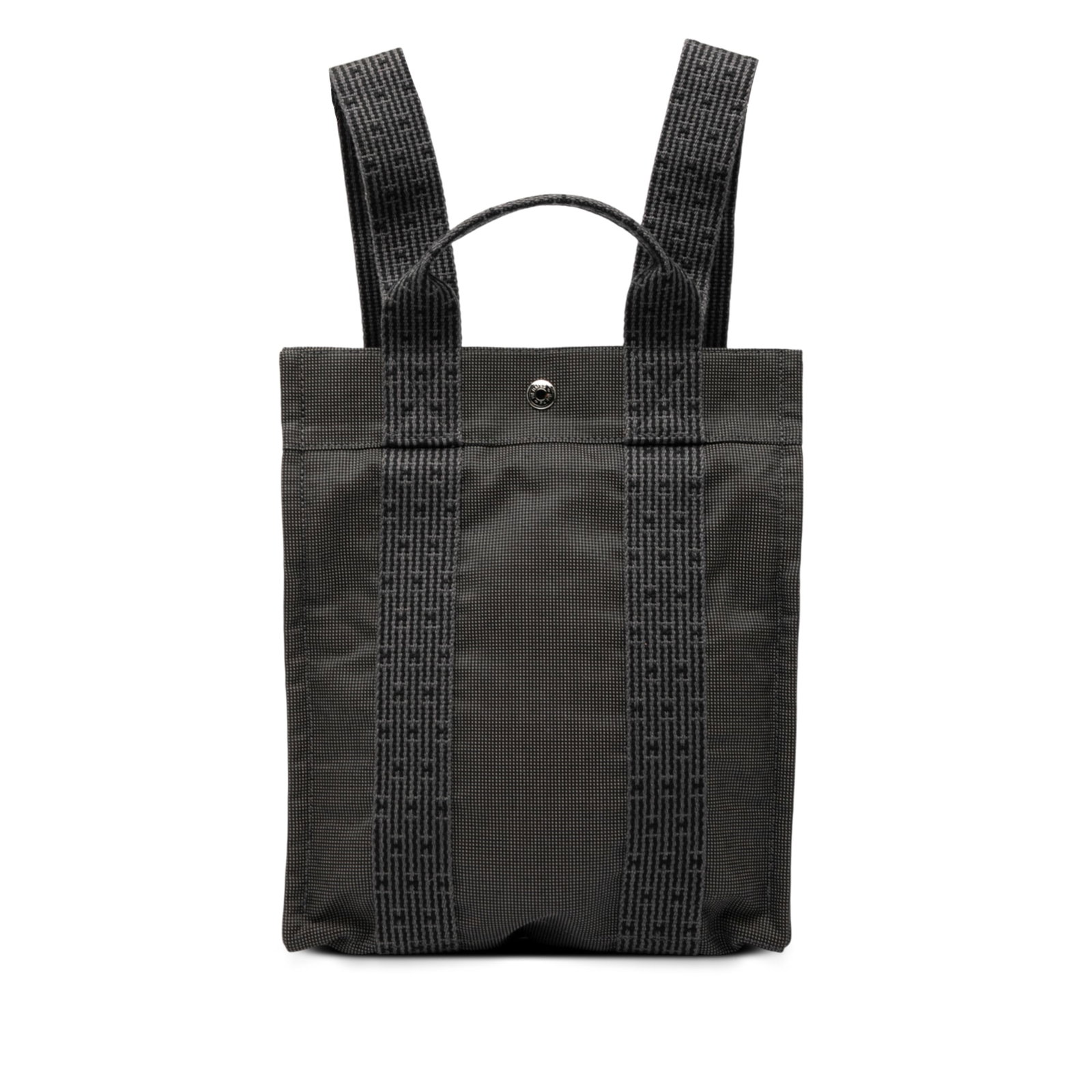 Gray Fabric Herline PM Backpack by Hermes with Adjustable Straps: Gray Fabric Herline PM Backpack by Hermes with Adjustable Straps The Herline PM Backpack is crafted from durable canvas in a gray color and features a flat top handle, adjustable flat back straps, sna
