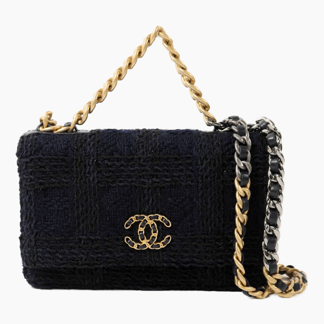 Chanel Navy Tweed Wallet on Chain Shoulder Bag Two Way: Chanel Navy Tweed Wallet on Chain Shoulder Bag Two Way This CHANEL CC Wallet on Chain is a versatile 2-way shoulder bag crafted in navy tweed. Designed for women, it features a compact silhouette and 