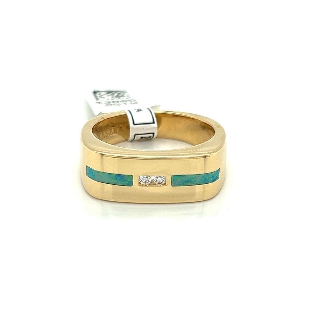 Kabana opal diamond ring 14k yellow gold size 9.5: Kabana opal diamond ring 14k yellow gold size 9.5 This Kabana rectangular band ring is crafted from 14k yellow gold and features a striking geometric design. The centerpiece is a luminous opal that sh