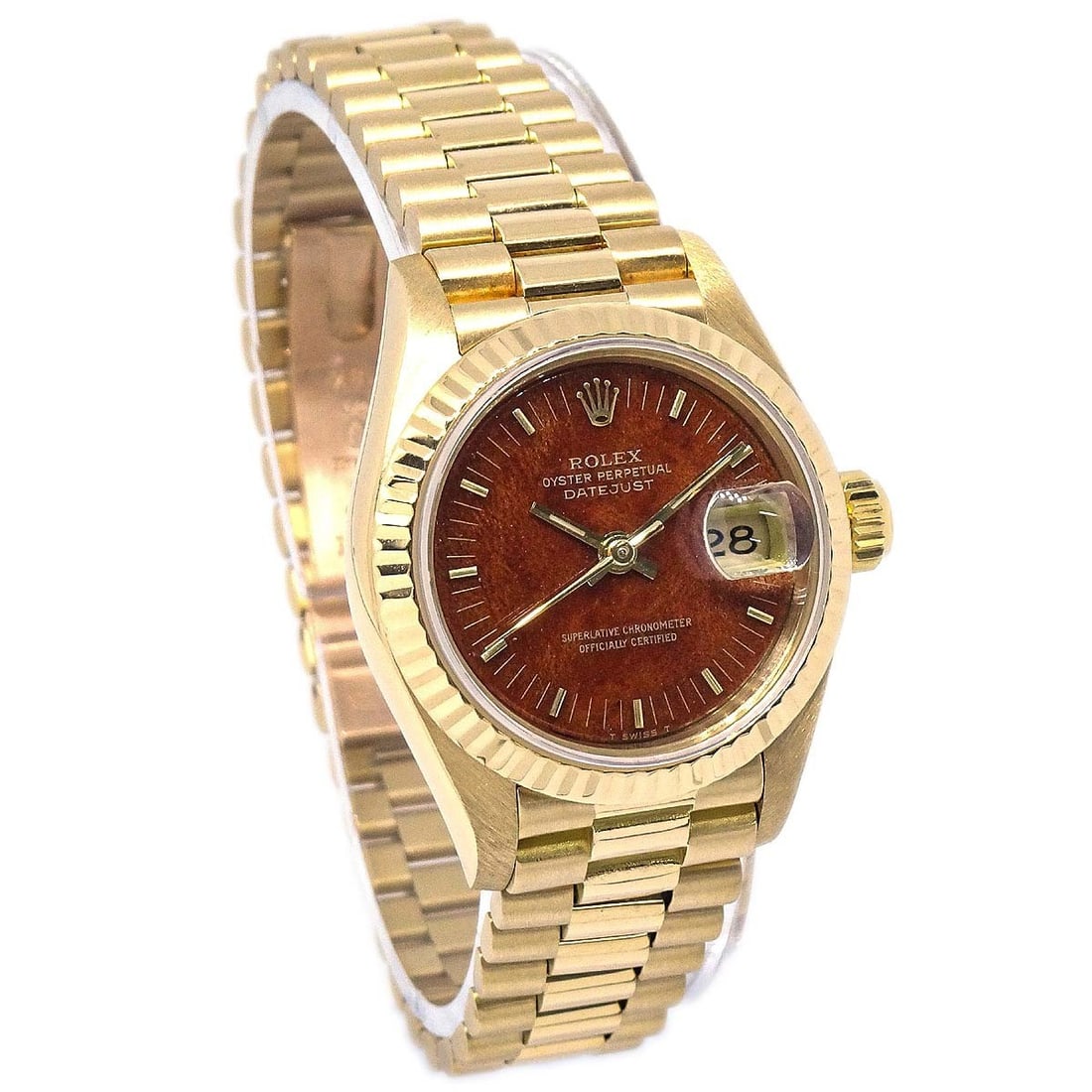 Rolex Datejust 26mm 18K Yellow Gold Brown Dial Women's Automatic Watch: Rolex Datejust 26mm 18K Yellow Gold Brown Dial Women's Automatic Watch This Rolex Oyster Perpetual Datejust wristwatch features a 26mm yellow gold case and a distinctive mahogany brown dial. Crafted i