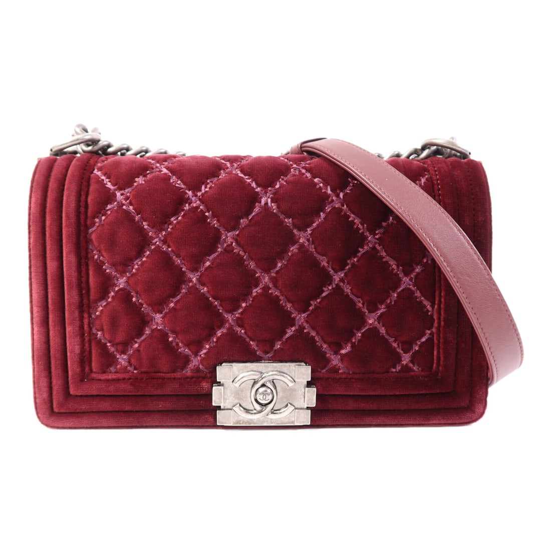 Velvet Red Boy 25 Shoulder Bag with Silver CC Chain by Chanel: Velvet Red Boy 25 Shoulder Bag with Silver CC Chain by Chanel This CHANEL Boy 25 Chain Shoulder Bag features a luxurious velvet exterior in black with silver-tone hardware accents. Designed as a regul