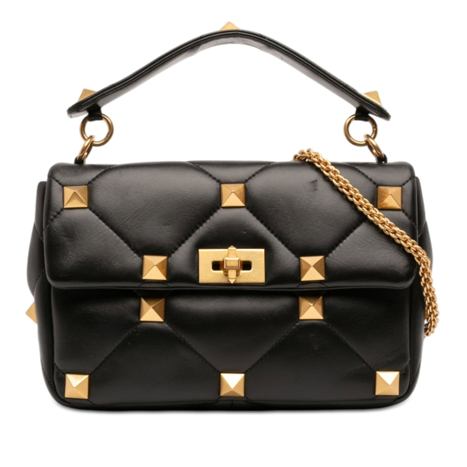 Valentino Roman Stud black leather satchel: Valentino Roman Stud black leather satchel This Valentino Large Nappa Roman Stud Satchel is crafted from quilted black leather and features signature studded detailing. It offers versatile carrying op