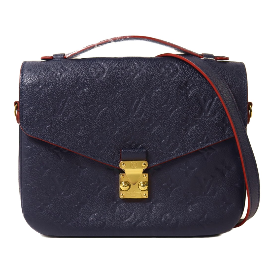 Louis Vuitton Pochette Metis Navy Monogram Empreinte Calfskin 2 Way Bag: Louis Vuitton Pochette Metis Navy Monogram Empreinte Calfskin 2 Way Bag This Louis Vuitton Pochette Metis is a versatile 2-way shoulder bag crafted from navy Monogram Empreinte calfskin. The bag featu