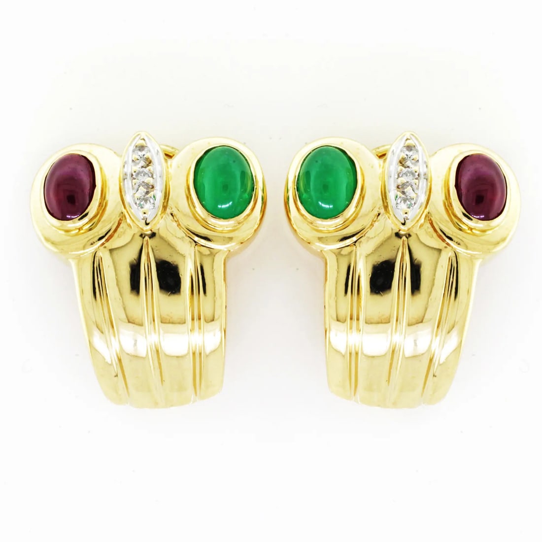 Rachel Koen 18K Yellow Gold Diamond Ruby Emerald Huggie Earrings: Rachel Koen 18K Yellow Gold Diamond Ruby Emerald Huggie Earrings Experience elegance with these stunning Rachel Koen Diamond, Ruby, and Emerald Ear Clip Earrings, expertly crafted in 18K yellow gold. 