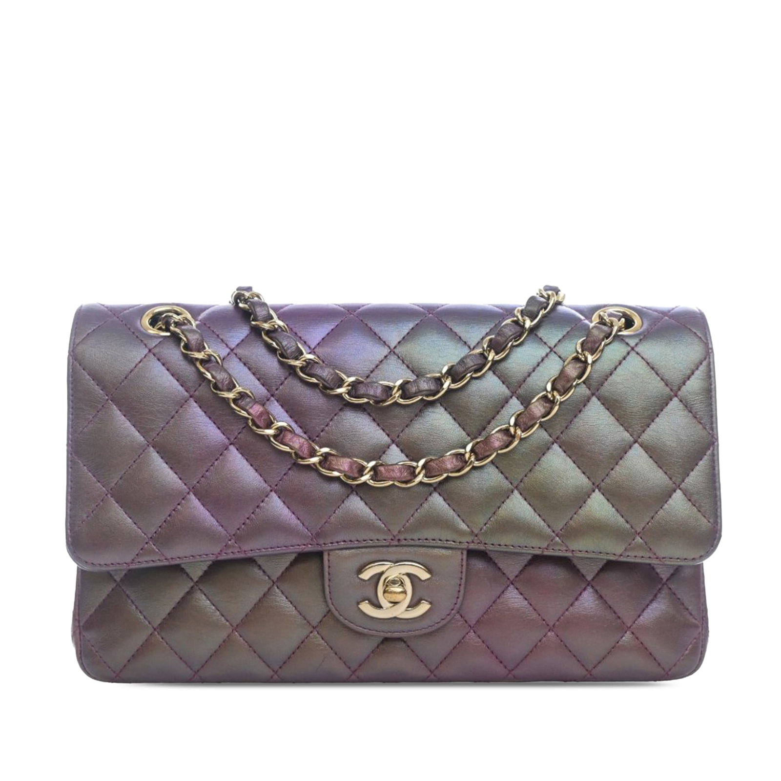 Chanel Iridescent Lambskin Medium Classic Flap Shoulder Bag: Chanel Iridescent Lambskin Medium Classic Flap Shoulder Bag This Chanel Medium Classic Iridescent Lambskin Double Flap shoulder bag features a luxurious iridescent lambskin leather body in purple, com