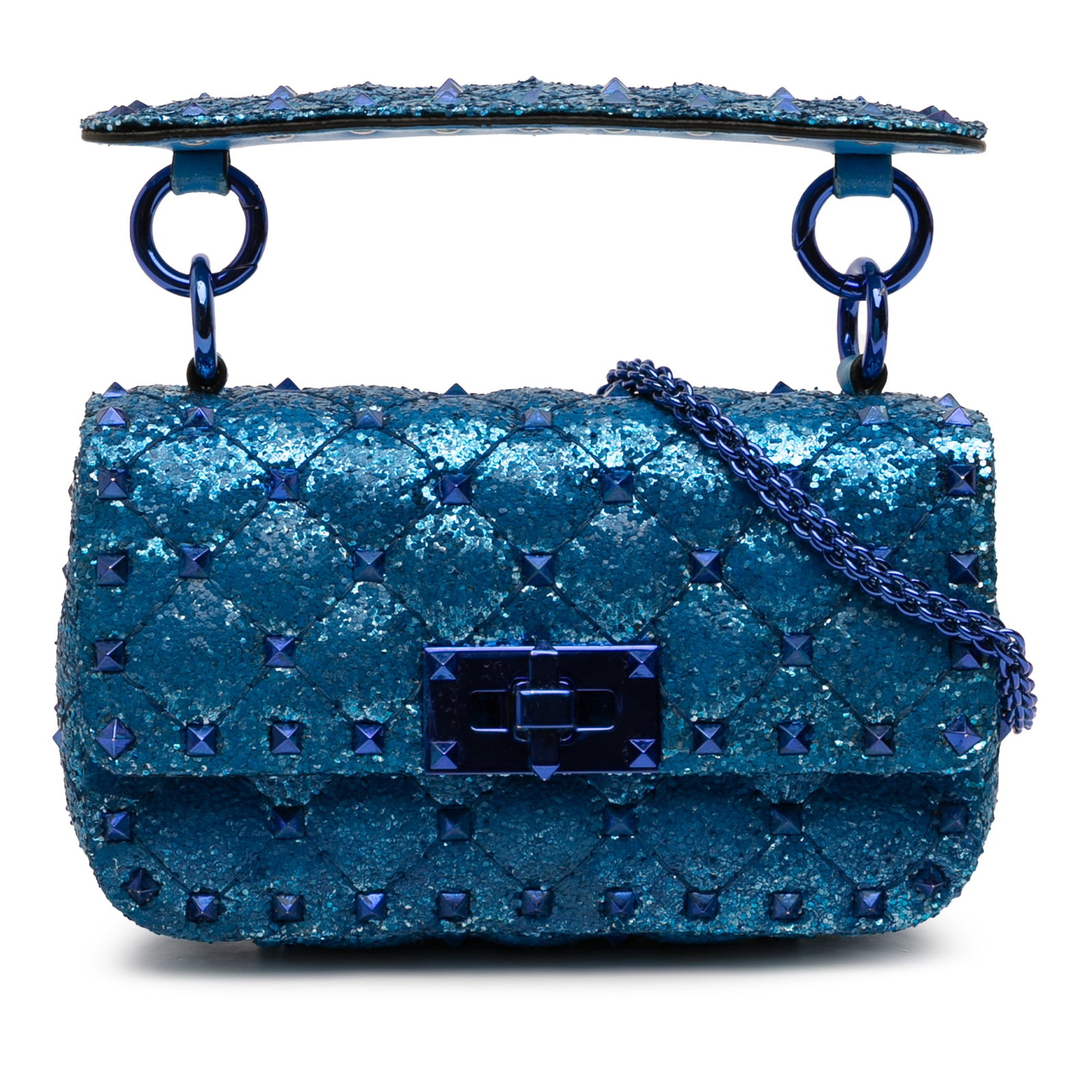 Valentino Rockstud Mini Satchel in Blue Glitter with Detachable Chain: Valentino Rockstud Mini Satchel in Blue Glitter with Detachable Chain This Valentino Mini Glitter Rockstud Spike Satchel features a glittered fabric body adorned with rockstud embellishments. It is de