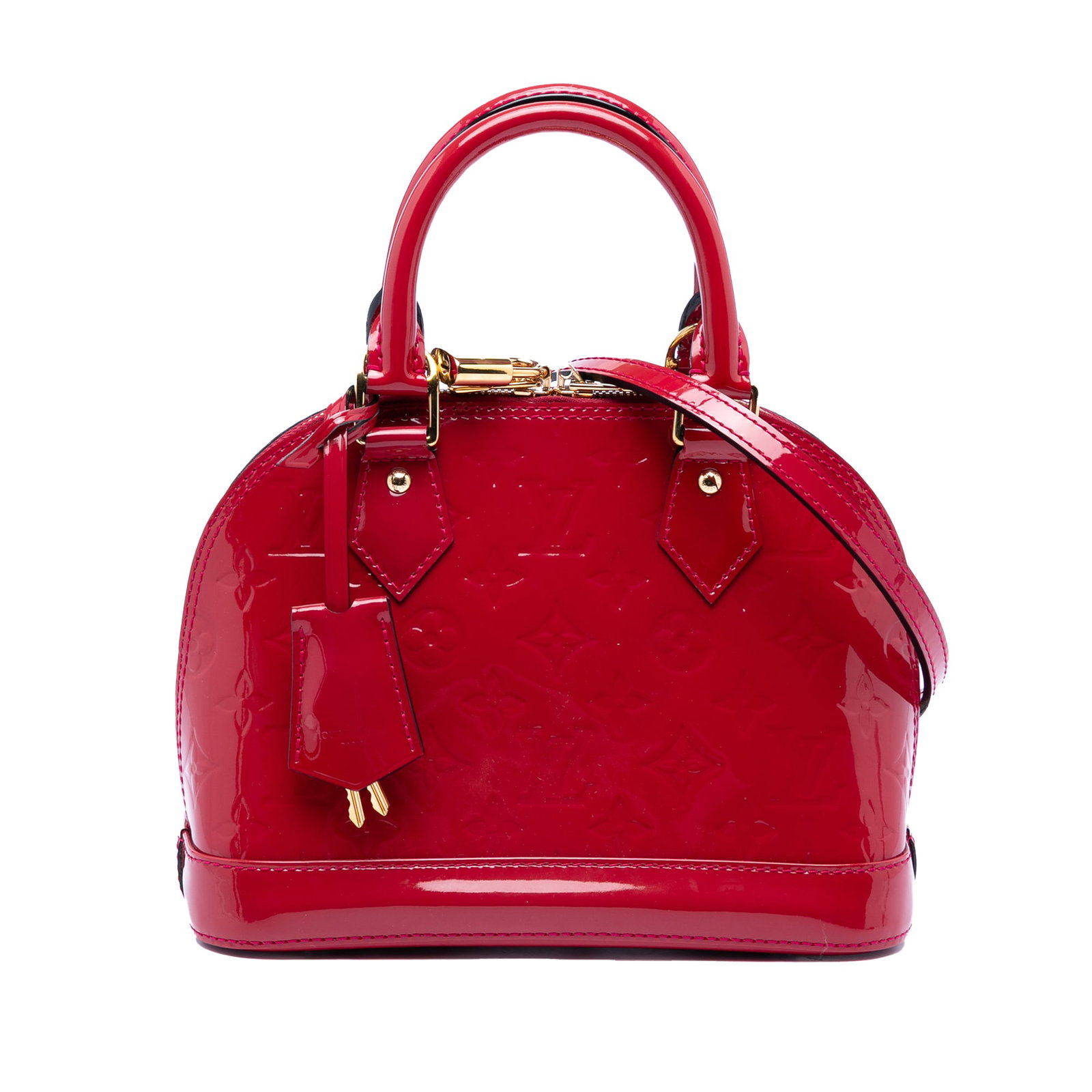 Louis Vuitton Alma BB Vernis Pink Leather Bag: Louis Vuitton Alma BB Vernis Pink Leather Bag This Louis Vuitton Monogram Vernis Alma BB bag is crafted from vernis leather in a pink hue and features rolled top handles, a detachable flat leather str