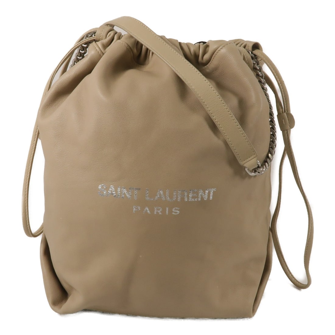 Saint Laurent Teddy Bucket Bag YSL Ivory Lambskin Leather: Saint Laurent Teddy Bucket Bag YSL Ivory Lambskin Leather This Saint Laurent Teddy Bucket Shoulder Bag is crafted from luxurious lambskin leather in an elegant beige shade. Designed for women, it feat