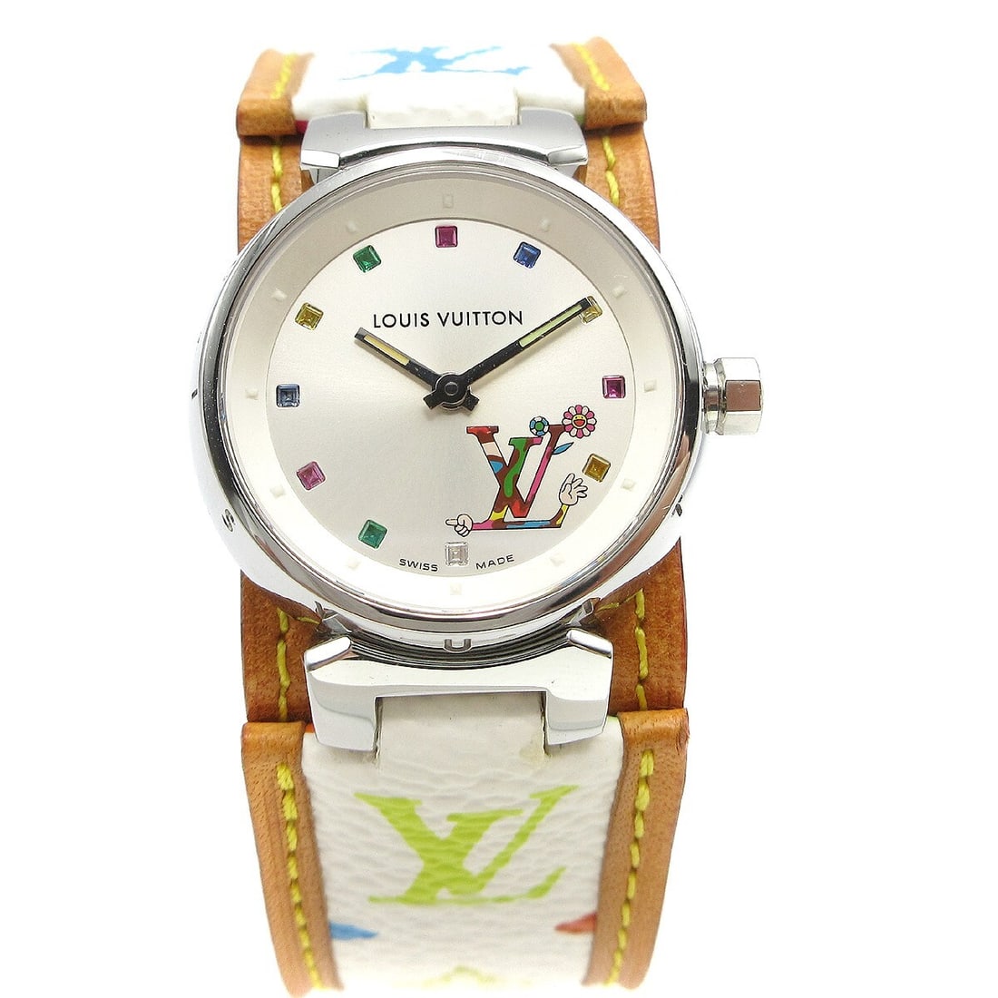 Louis Vuitton Tambour Quartz Women's Swiss Made Wristwatch Takashi Murakami: Louis Vuitton Tambour Quartz Women's Swiss Made Wristwatch Takashi Murakami This Louis Vuitton Q12130 Tambour wristwatch features a Swiss-made quartz movement and a classic analog display. The watch s