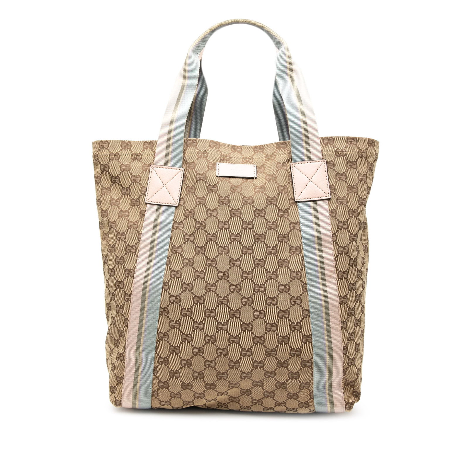 Brown Gucci Tote Bag with GG Canvas Web Design: Brown Gucci Tote Bag with GG Canvas Web Design This Gucci GG Canvas Web Tote is crafted from brown fabric and features flat straps, an open top, and an interior open pocket. The tote is made in Italy 