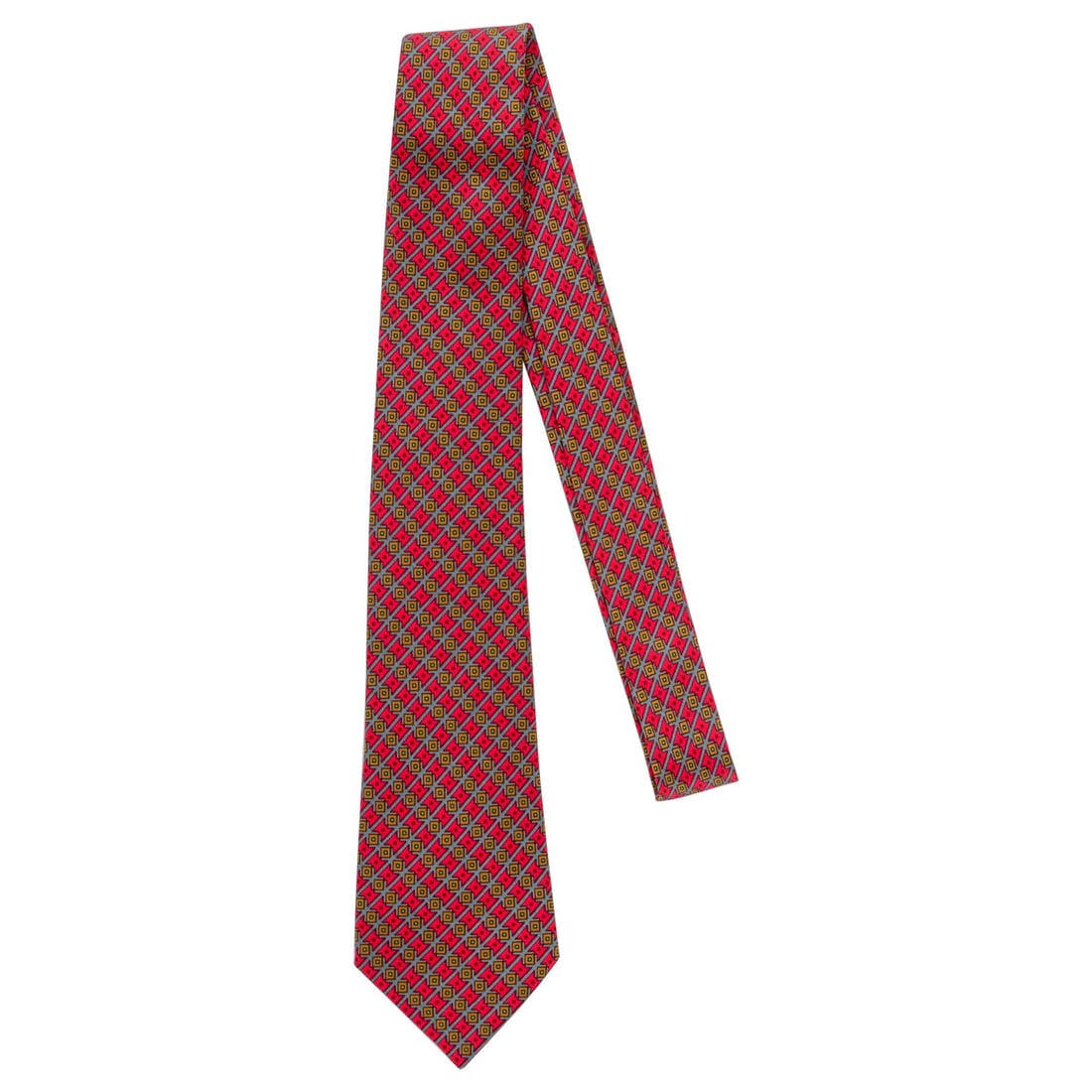 Hermes Hot Pink Silk Tie with Mustard Geometric Print: Hermes Hot Pink Silk Tie with Mustard Geometric Print Elevate your accessory collection with this stunning Hermes hot pink silk tie. Featuring a stylish mustard geometric print, this tie exemplifies h