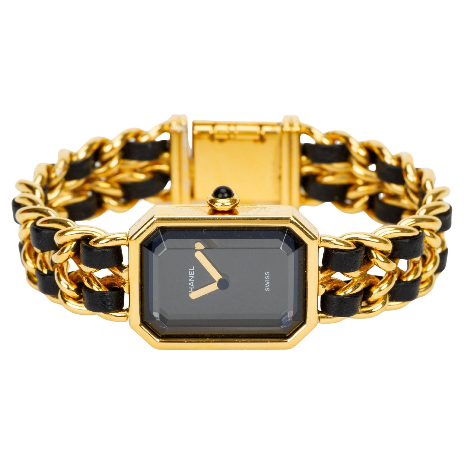 Premiere Edition Originale Small Gold Tone Watch by Chanel with Box: Premiere Edition Originale Small Gold Tone Watch by Chanel with Box The Chanel Premiere Edition Originale Watch features a gold-tone metal case with a minimalist black lacquer dial, two gilt hands, an