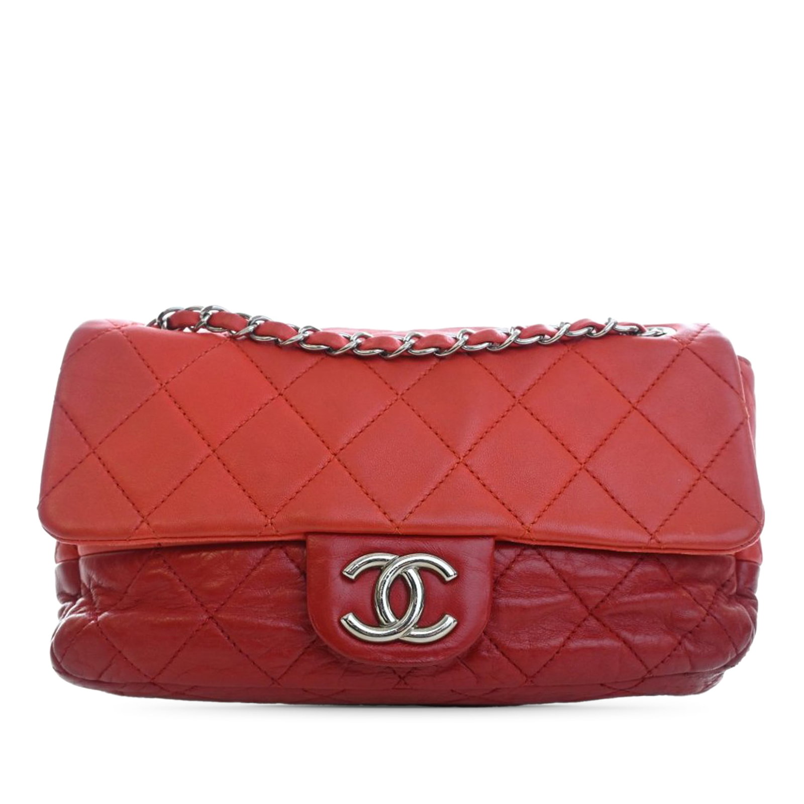 Chanel Medium Lambskin Calfskin Quilted Flap Bag with Chain Strap Red: Chanel Medium Lambskin Calfskin Quilted Flap Bag with Chain Strap Red This Chanel Medium Bicolor Lambskin and Calfskin CC Chain Flap bag features a quilted leather body with a leather-woven chain stra
