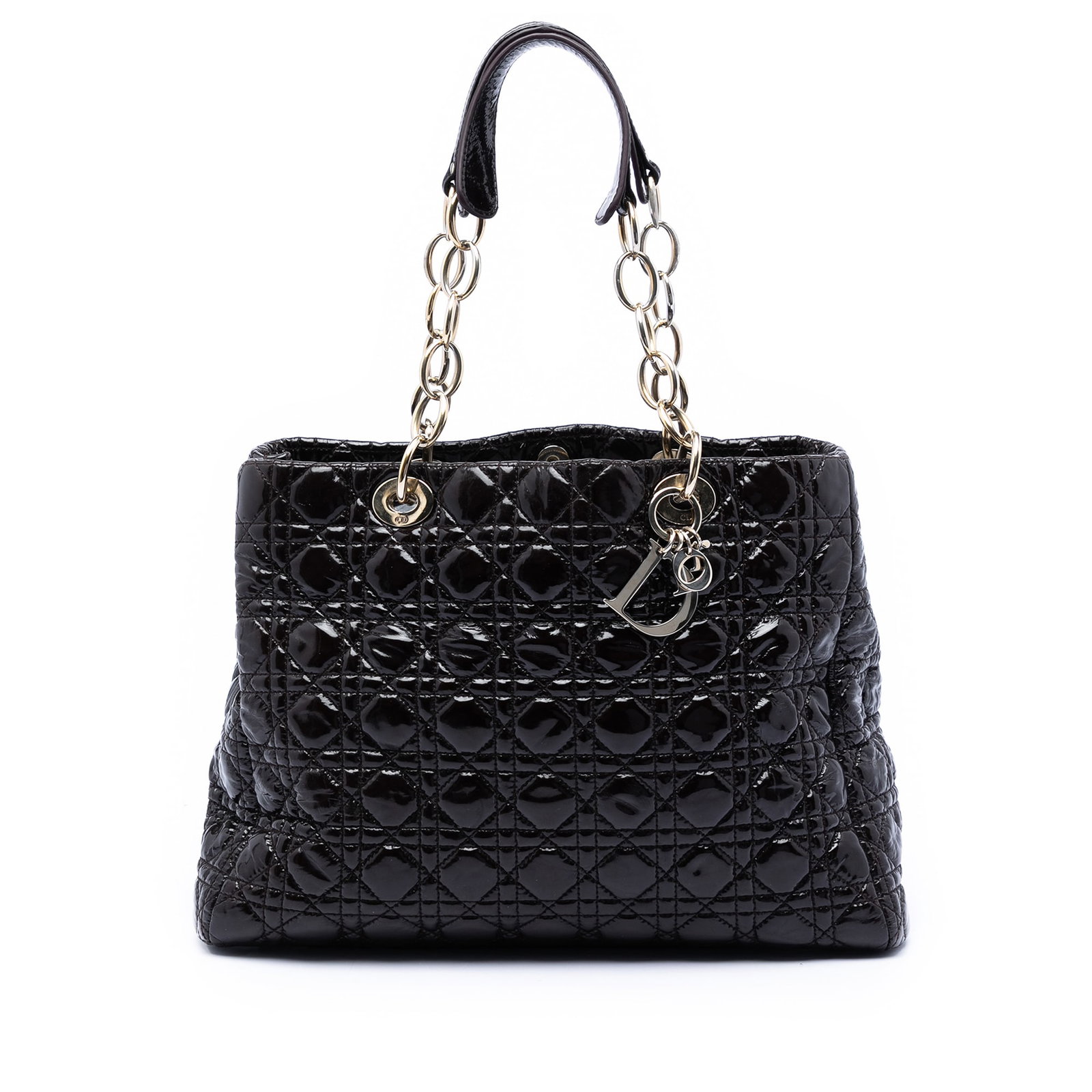 Dior Lady Dior patent leather cannage tote black: Dior Lady Dior patent leather cannage tote black This Dior Large Patent Cannage Lady Dior Soft Shopping Tote is crafted from quilted patent leather in black and features flat leather and chain straps.