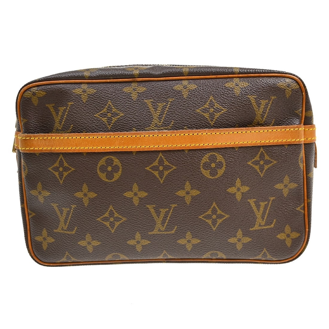 Louis Vuitton Monogram Compiegne 23 Clutch Bag M51847: Louis Vuitton Monogram Compiegne 23 Clutch Bag M51847 This vintage Louis Vuitton Compiegne 23 clutch bag features the classic monogram canvas with brown leather accents. Designed with a zip closure an