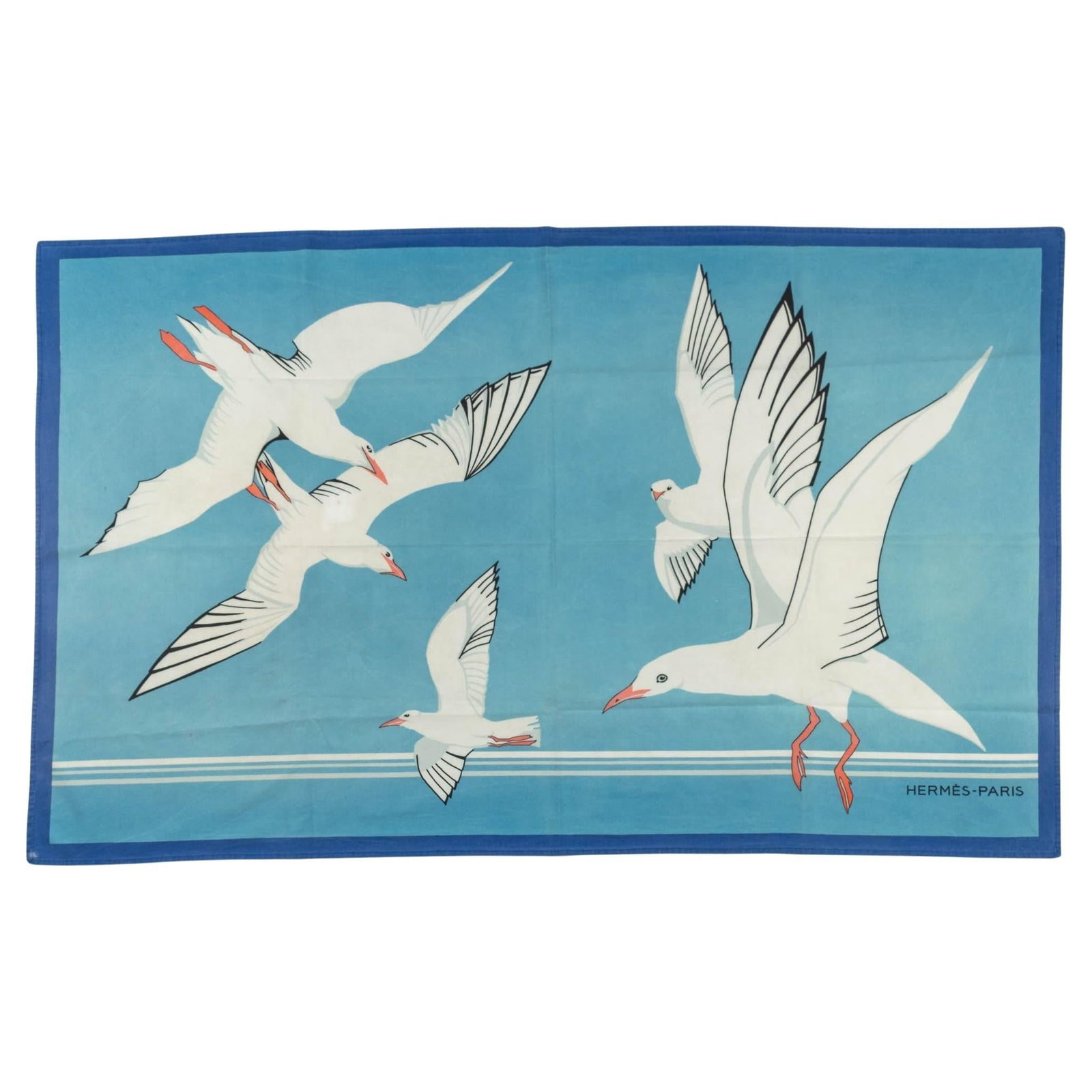 Hermes Vintage Cotton Seagulls Sarong 56 x 34 Blue France: Hermes Vintage Cotton Seagulls Sarong 56 x 34 Blue France Elevate your beachwear with this vintage cotton sarong from Hermes, featuring a charming white seagulls design against a stunning blue backgro