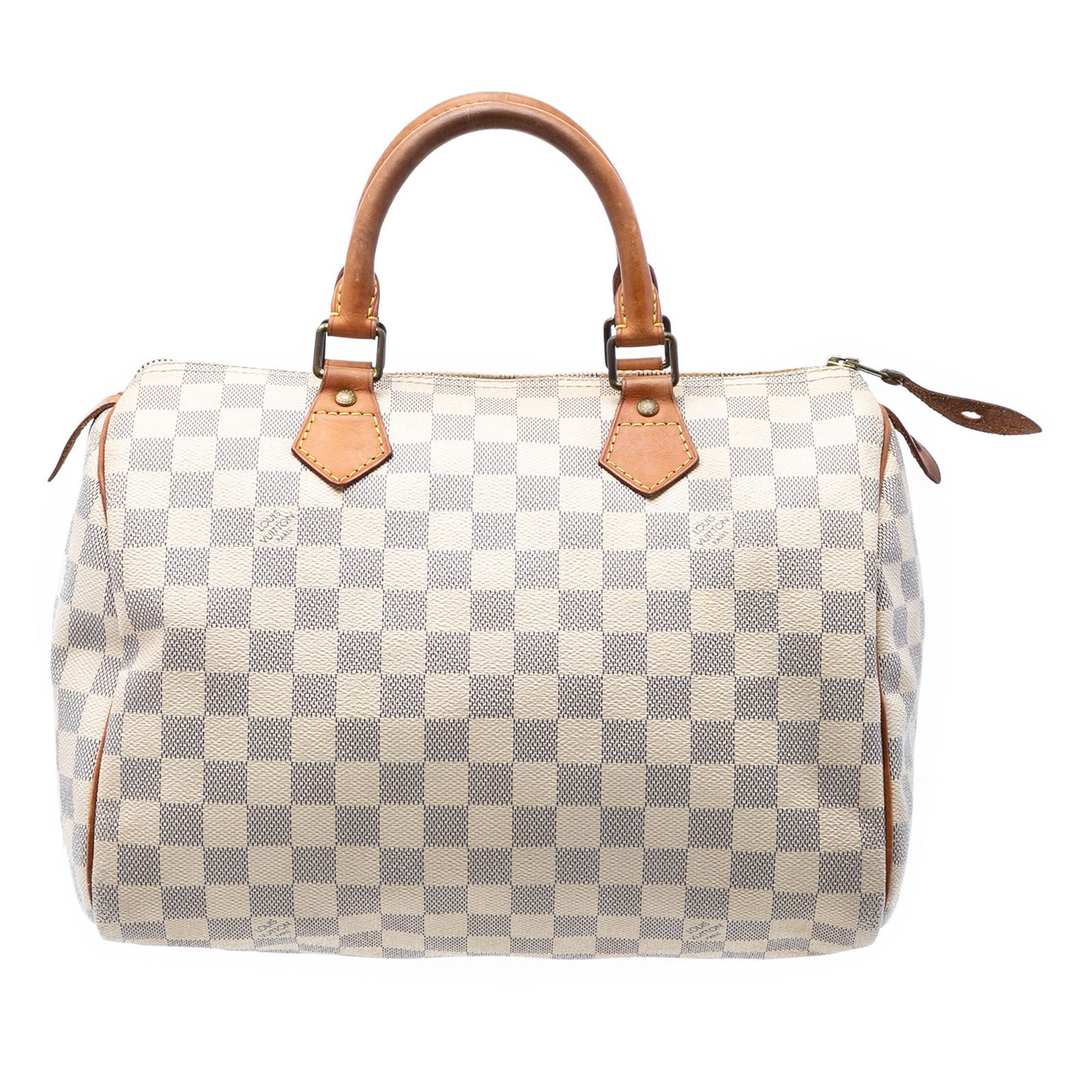 Louis Vuitton Damier Azur Speedy 30 Bag: Louis Vuitton Damier Azur Speedy 30 Bag This Louis Vuitton Damier Azur Speedy 30 features the iconic damier canvas body, complemented by rolled vachetta leather handles. The bag is designed with a top