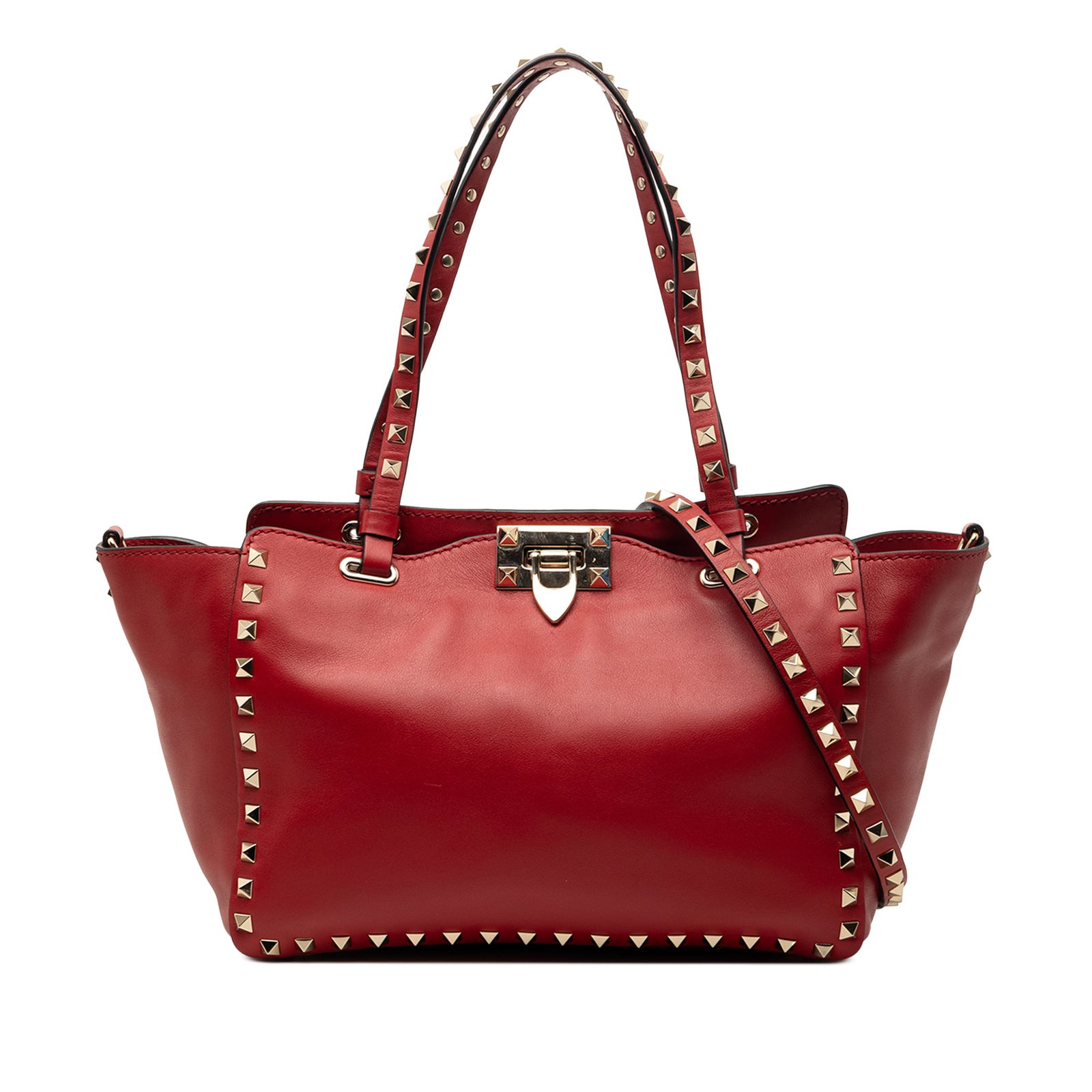 Valentino Rockstud red leather trapeze satchel: Valentino Rockstud red leather trapeze satchel This Valentino Small Leather Rockstud Trapeze Satchel is crafted from red leather and features signature studded detailing on the body, handles, and deta