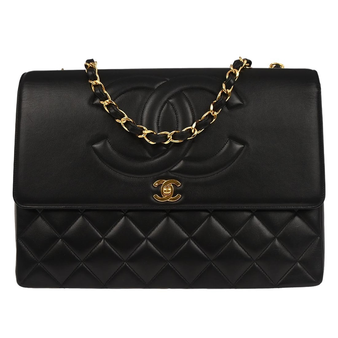 CHANEL Jumbo CC Double Chain Shoulder Bag Black Lambskin: CHANEL Jumbo CC Double Chain Shoulder Bag Black Lambskin This Chanel Maxi Classic Flap Shoulder Bag is crafted from black lambskin leather with a signature matelasse quilted pattern. It features a lar