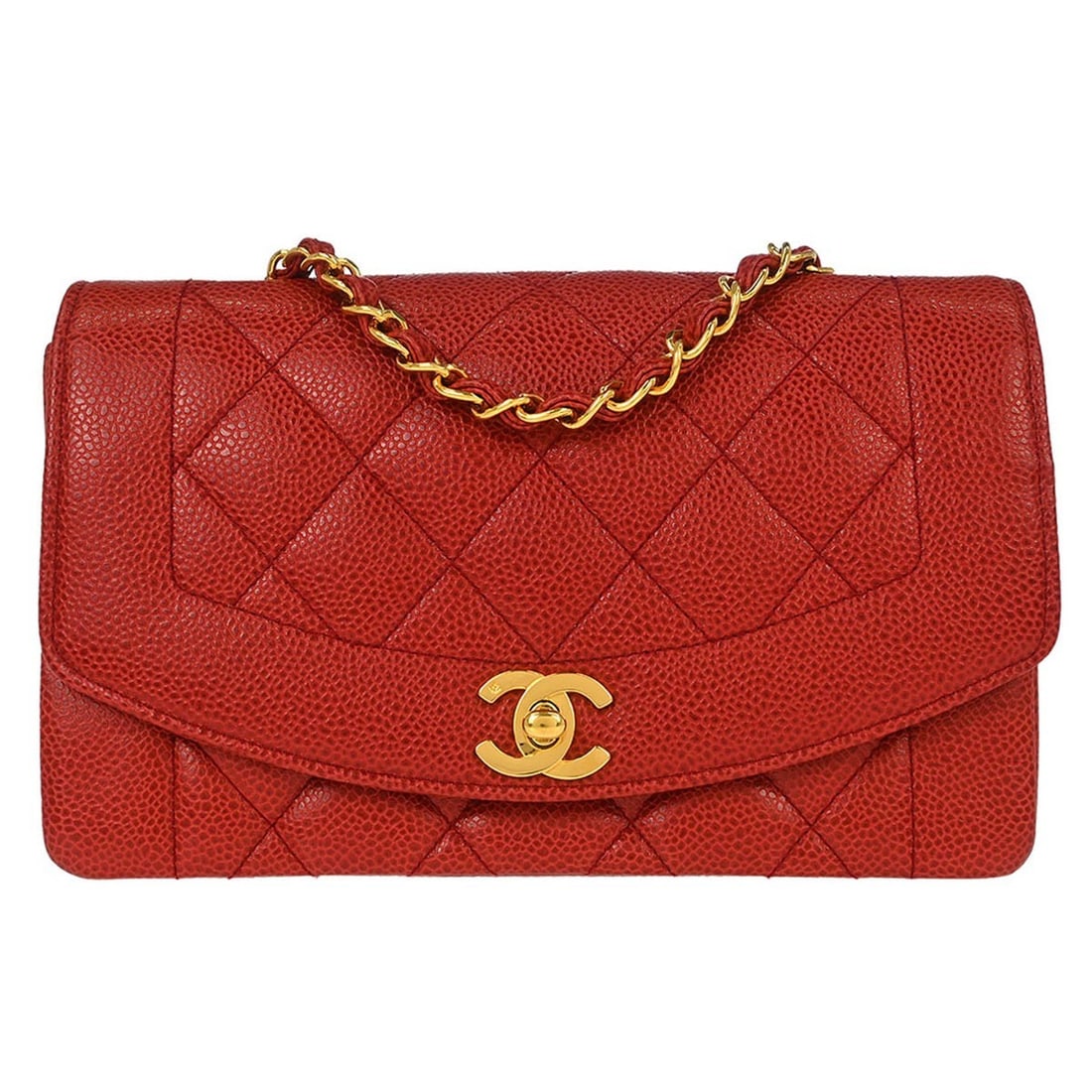 CHANEL Diana red calfskin small shoulder bag: CHANEL Diana red calfskin small shoulder bag This Chanel Diana shoulder bag is crafted from luxurious red calfskin leather with a matelasse quilted pattern. Designed in a small size, it features a sin