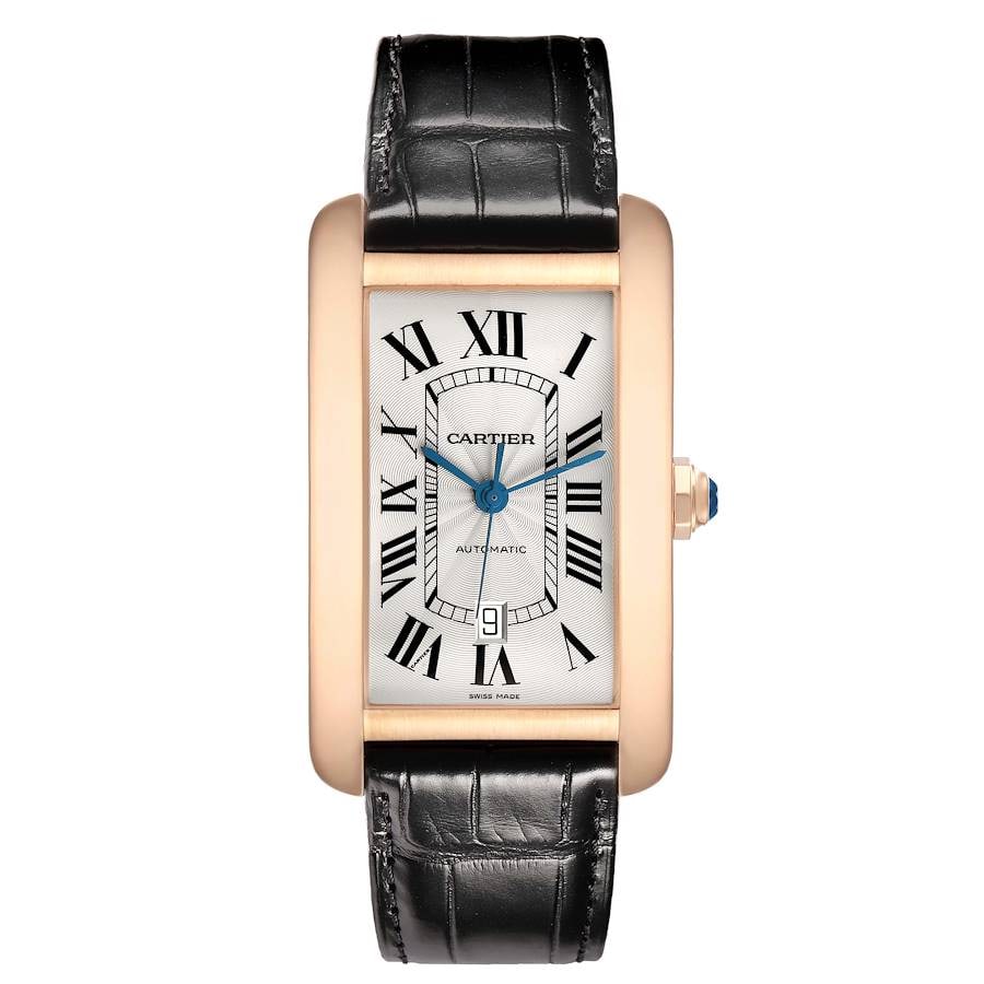 Cartier Tank Americaine XL Silver Roman Dial Leather Strap Ref 2927/W2609856 Watch: Cartier Tank Americaine XL Silver Roman Dial Leather Strap Ref 2927/W2609856 Watch The Cartier Tank Americaine XL features a silver Roman numeral dial and a fixed bezel, complemented by a leather brac