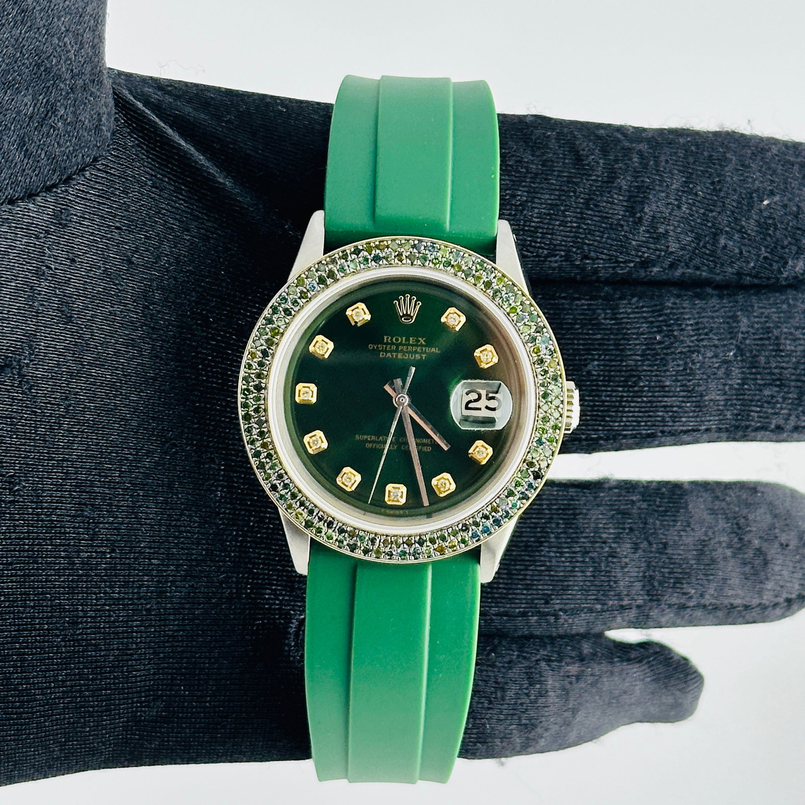 Datejust 1603 Watch With Aftermarket Green Yellow Diamond Dial and Rubber Strap: Datejust 1603 Watch With Aftermarket Green Yellow Diamond Dial and Rubber Strap Rolex Datejust men's watch featuring a green and yellow diamond aftermarket dial, set in a case with a pave-plated two-r