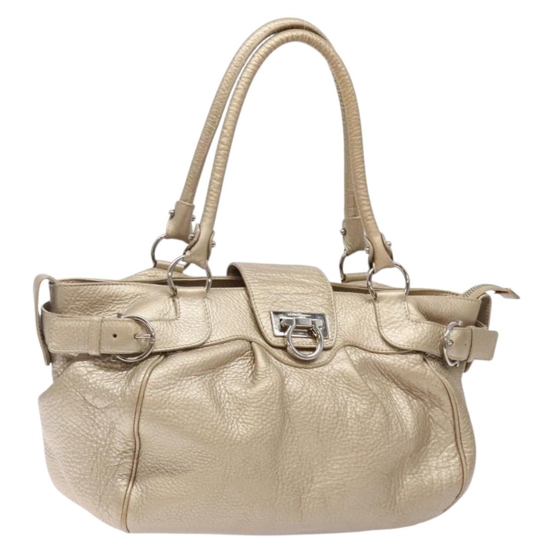 Salvatore Ferragamo Gancini Leather Hand Bag Gold Silver Auth Italy: Salvatore Ferragamo Gancini Leather Hand Bag Gold Silver Auth Italy This Salvatore Ferragamo Gancini Hand Bag is a stunning blend of gold and silver leather, showcasing the brand's luxurious craftsman