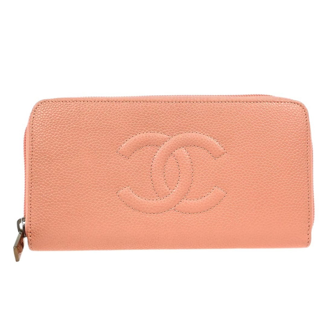 Chanel Caviar Skin Pink Bifold Wallet with CC Pattern: Chanel Caviar Skin Pink Bifold Wallet with CC Pattern This Chanel pink calfskin long wallet features the signature CC pattern and is crafted from durable caviar skin leather. Designed as a bifold wall