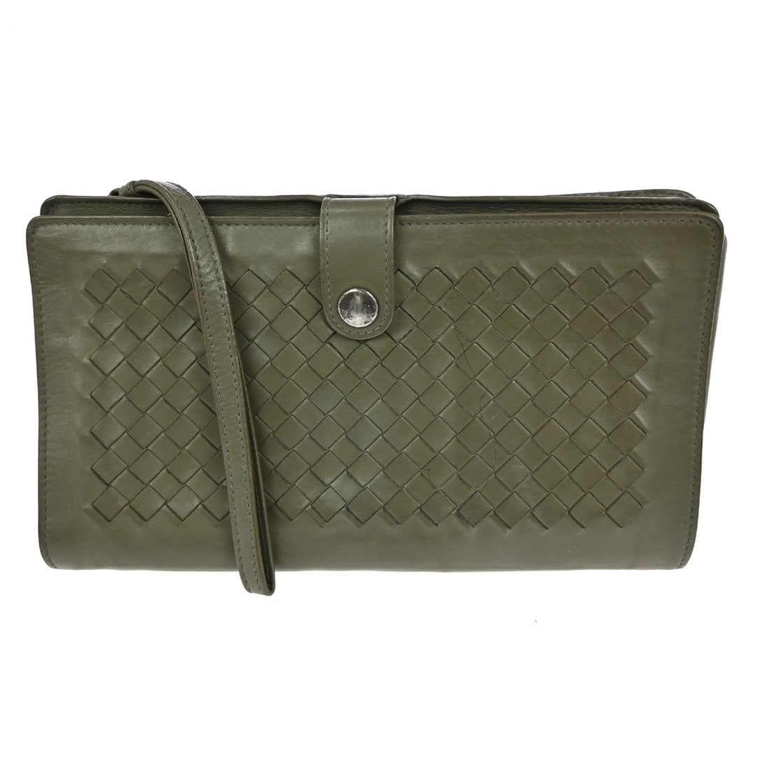 Bottega Veneta Pouch Gray Leather Clutch 9 in x 6 in x 2 in: Bottega Veneta Pouch Gray Leather Clutch 9 in x 6 in x 2 in This Bottega Veneta clutch bag features the brand's signature Intrecciato design in gray leather. Designed for women, it offers a compact an