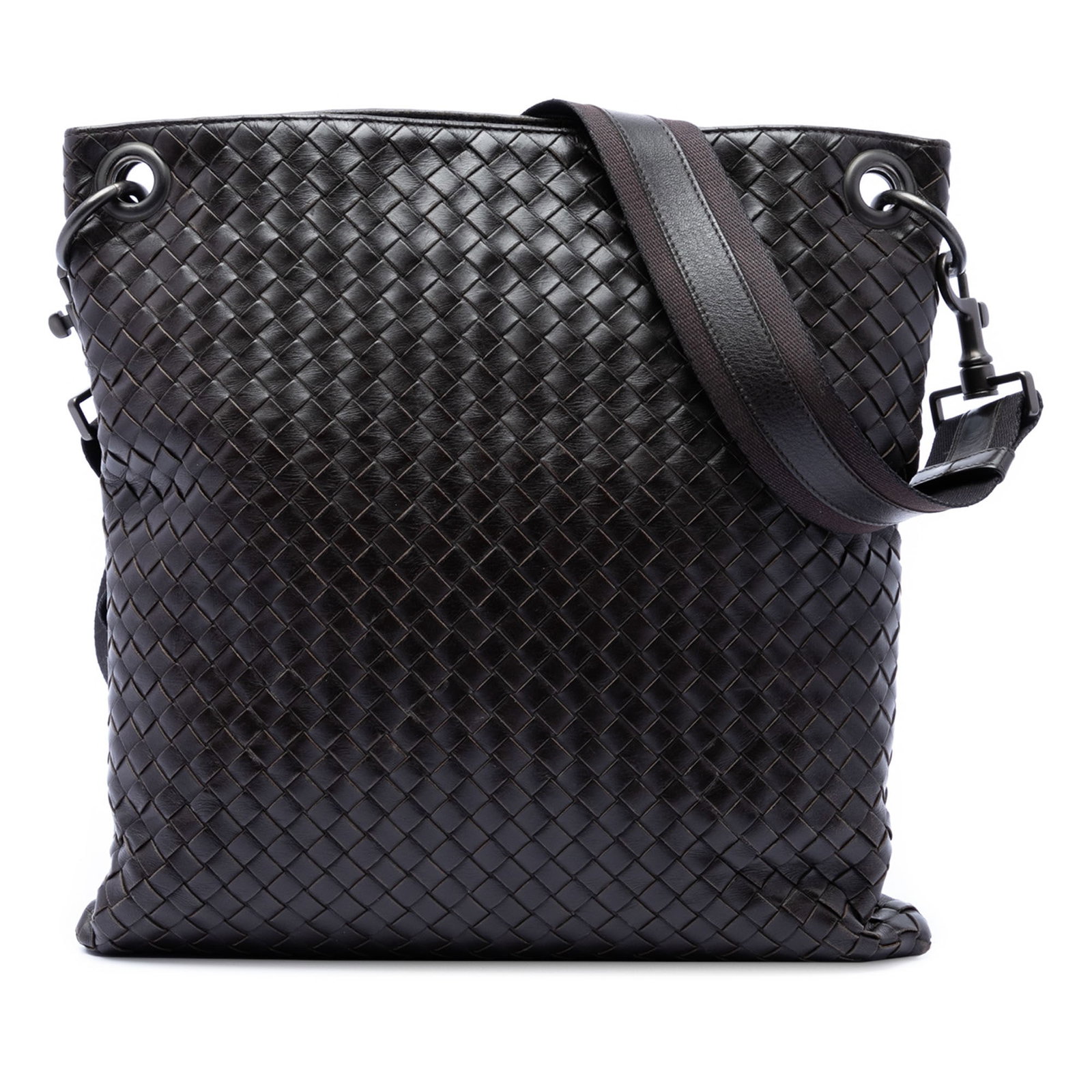 Bottega Veneta brown woven leather crossbody bag VN model: Bottega Veneta brown woven leather crossbody bag VN model This Bottega Veneta Nappa Intrecciato VN Crossbody bag features a woven leather design in brown, crafted in Italy. It includes an adjustable a