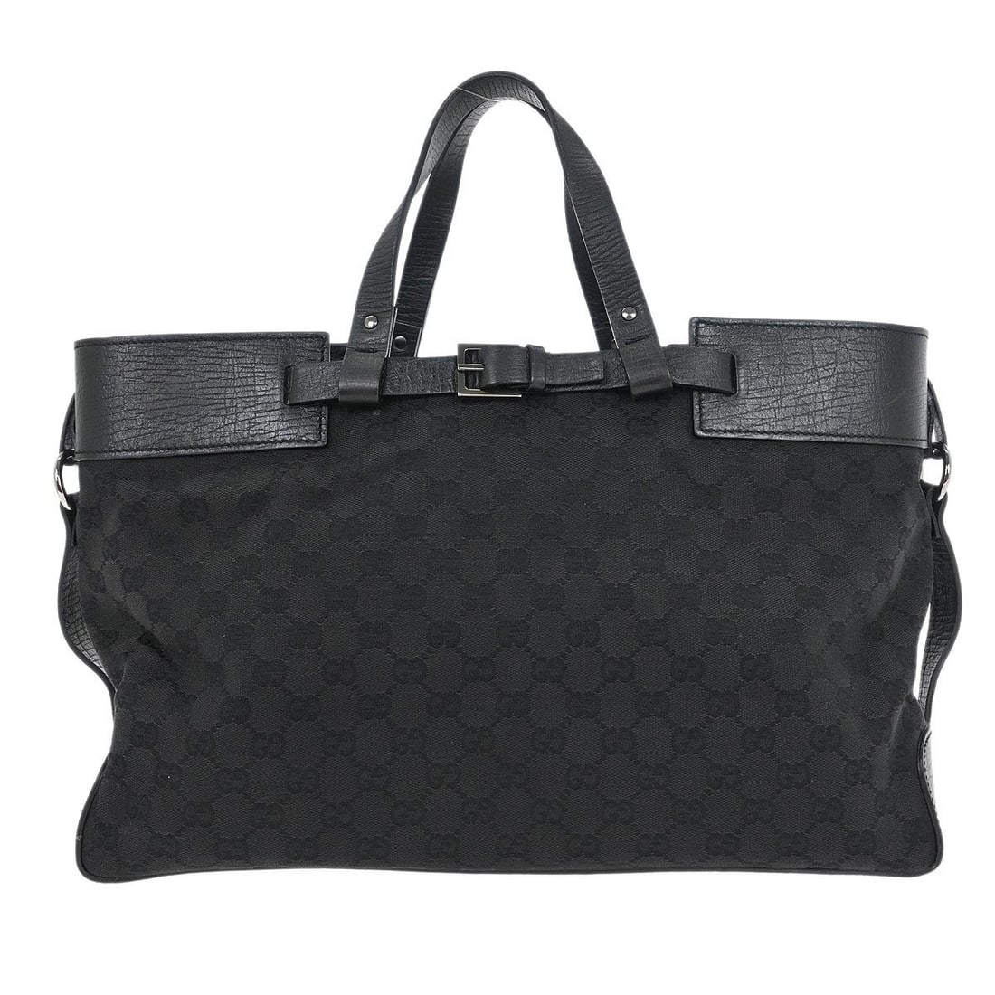 Gucci GG Black Canvas Leather Tote Bag Large Vintage: Gucci GG Black Canvas Leather Tote Bag Large Vintage This Gucci GG tote handbag features a classic black canvas exterior with leather accents and the signature GG pattern. Designed in a spacious large