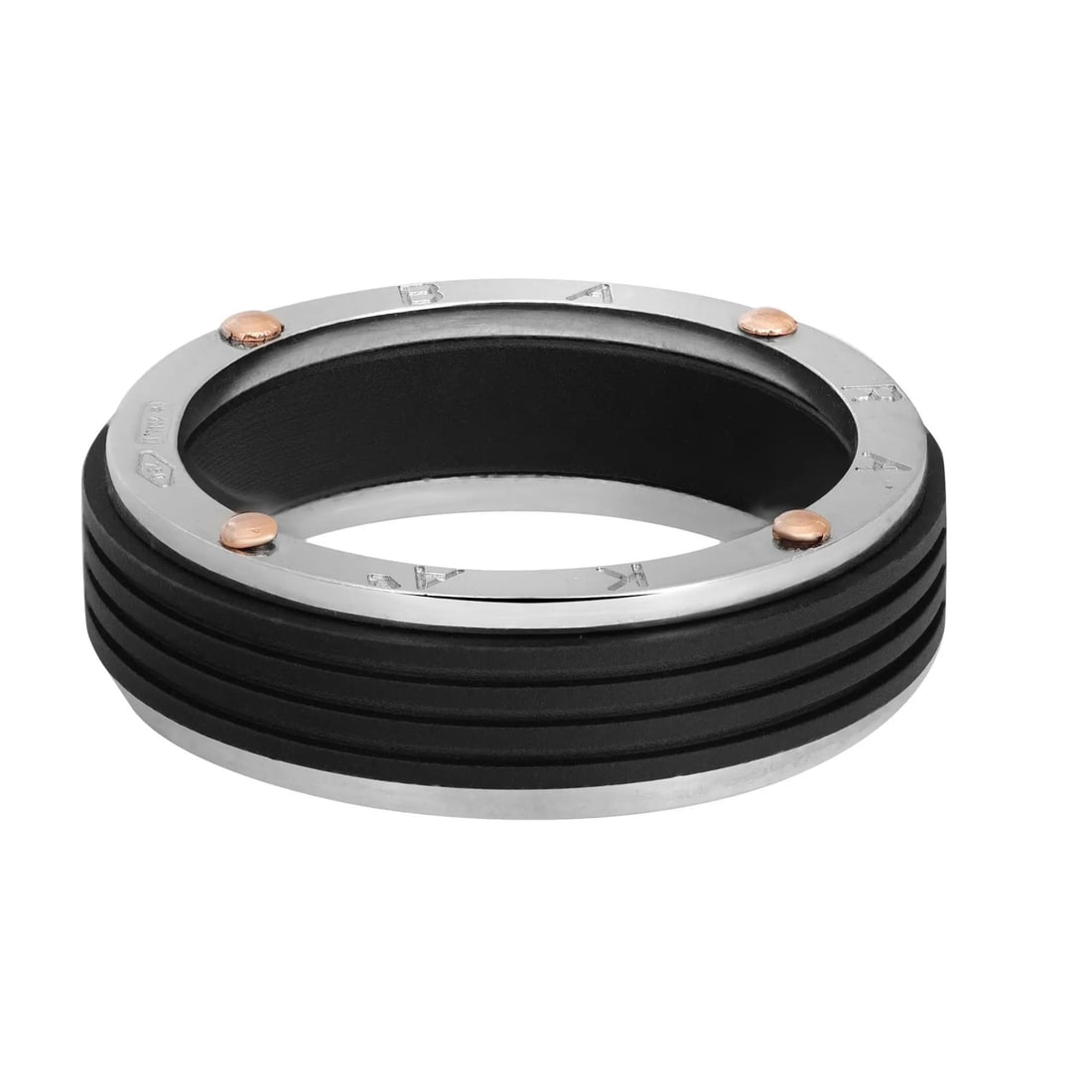Baraka Ritmika Men's 18K White Gold Rose Gold Black PVD Ring Size 7.5: Baraka Ritmika Men's 18K White Gold Rose Gold Black PVD Ring Size 7.5 Presenting a striking men's wedding band, this Baraka Ritmika ring features a contemporary design crafted from premium 18K white g